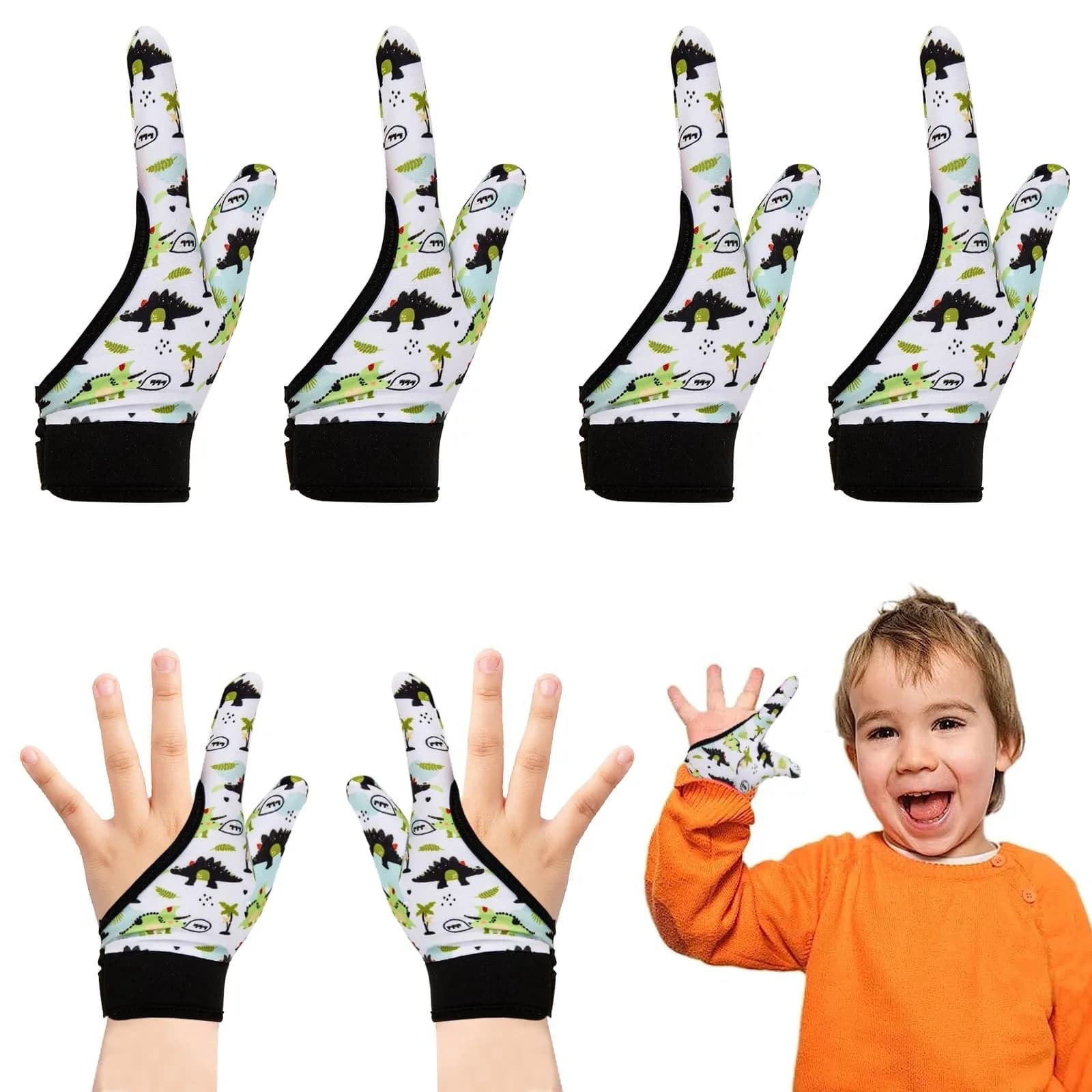 Yxmeiguo Thumb Sucking Guard Gloves for Kids Ages 5-12 | Soft Breathable Fiber, Adjustable Wrist, 2 Pairs Black Dinosaur - main product image