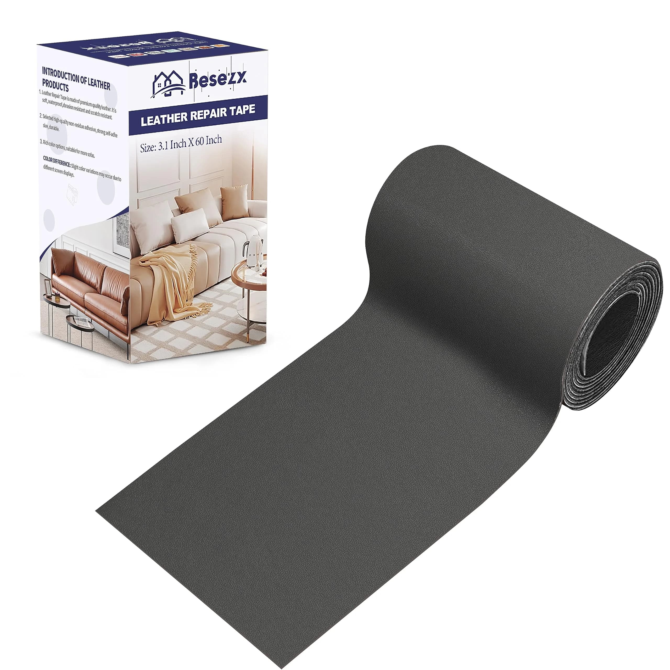 Besezx Leather Repair Patch Tape Kit Dark Gray 3.1in x 60in | Self-Adhesive for Furniture & Car Seats - main product image