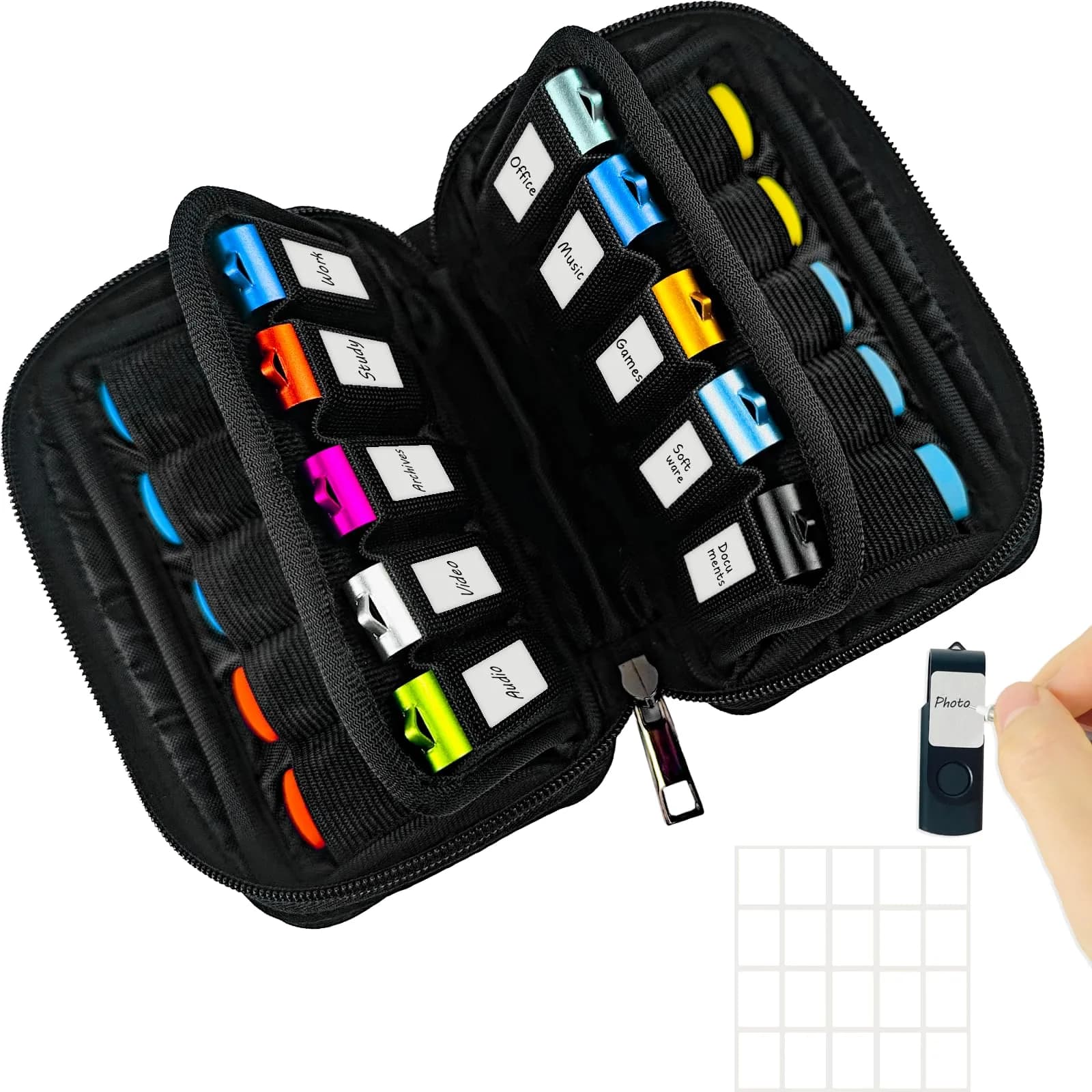 JBOS Flash Drive Case 20 Slots | Black Neoprene Organizer Bag for Memory Sticks, Jump Drives, Thumb Drives, USB Cases - main product image