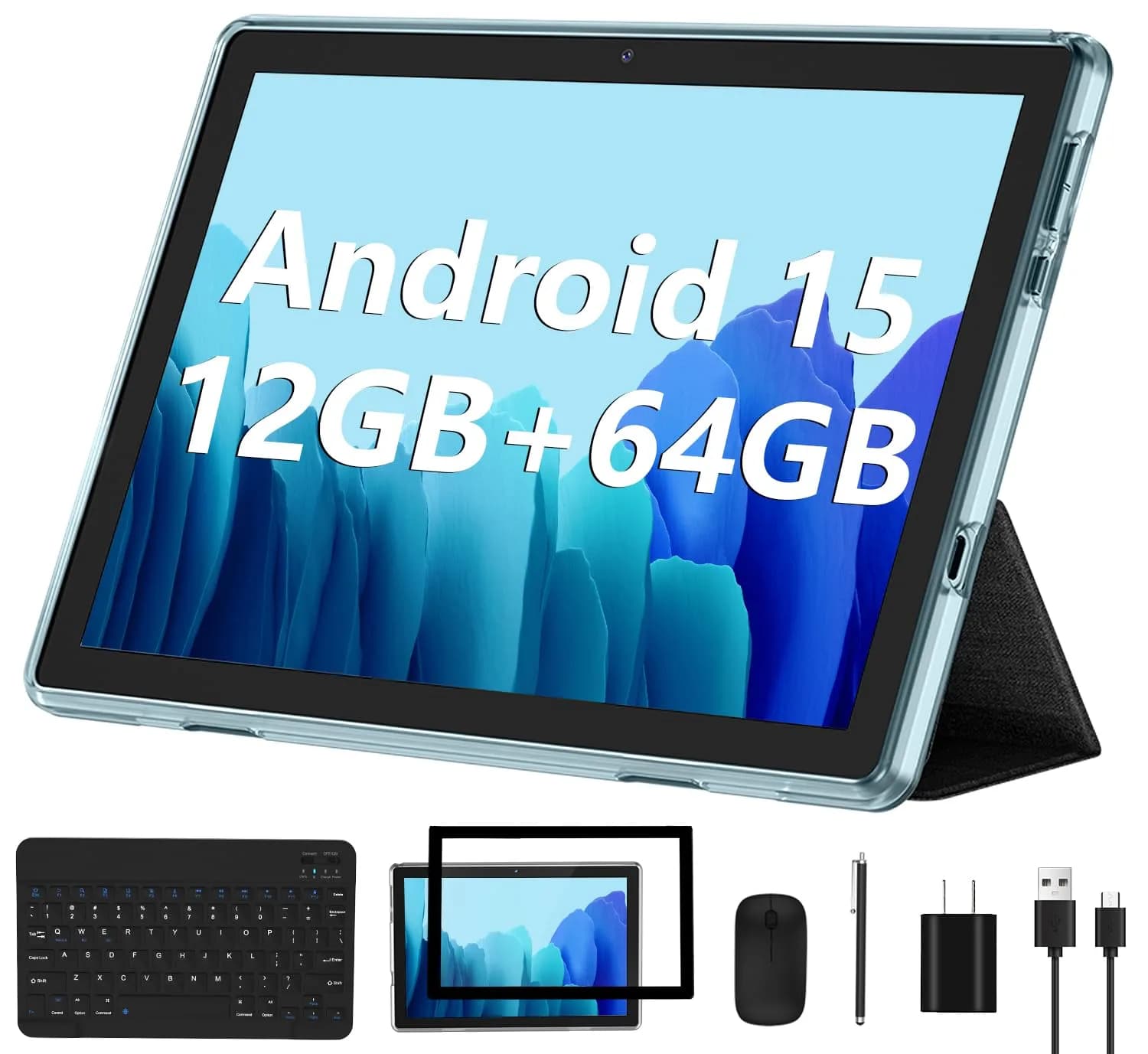 ECOPAD Android 15 Tablet, 10.1 Inch 2-in-1 Tablet with Keyboard & Mouse, 12GB RAM + 64GB ROM + 1TB Expandable Storage, WiFi 6, GMS Certified, IPS Touch Screen, Blue Set - main product image