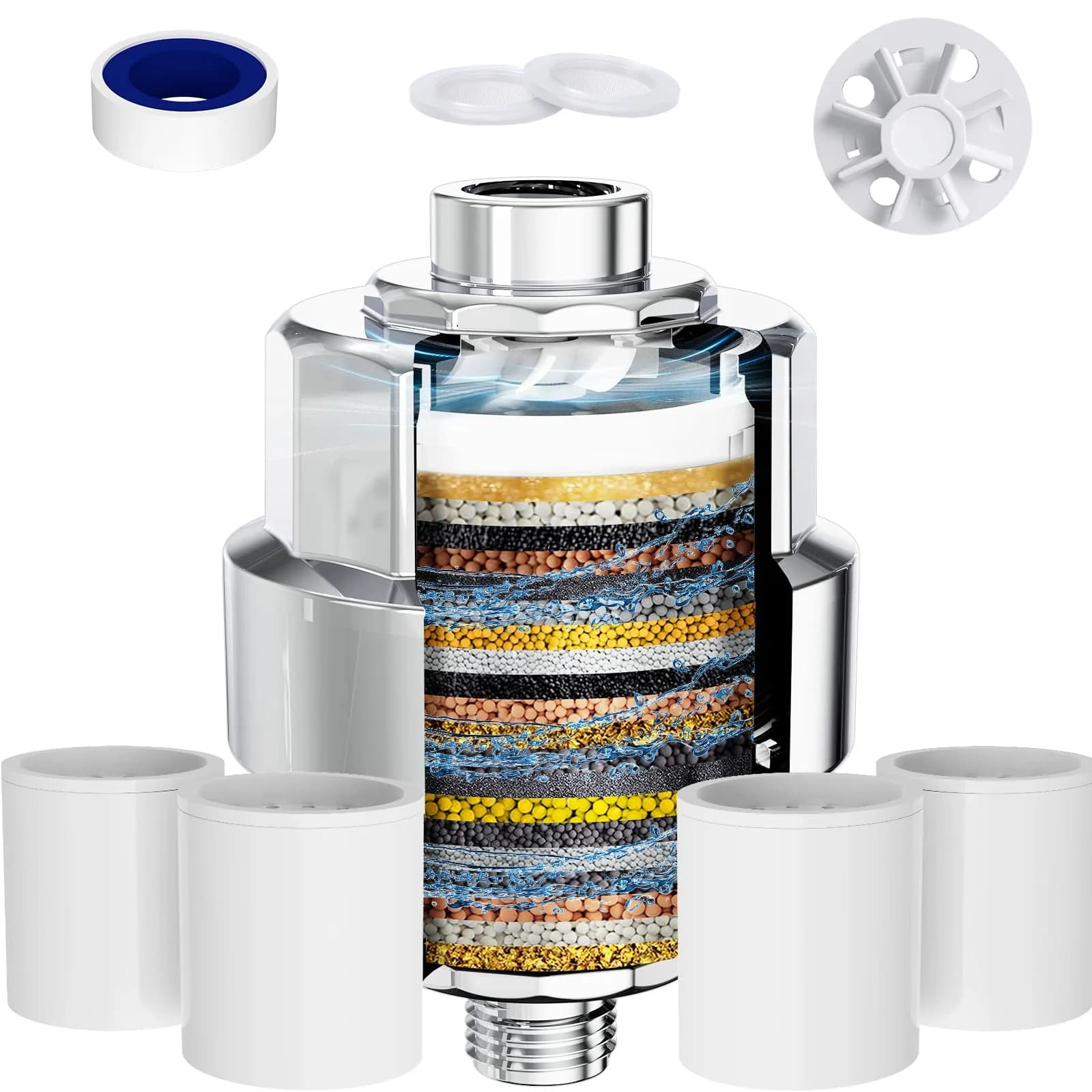 EMBATHER 20 Stage Shower Filter for Hard Water, 4 Cartridges, Chrome | 12,000 Gallons Per Cartridge - main product image