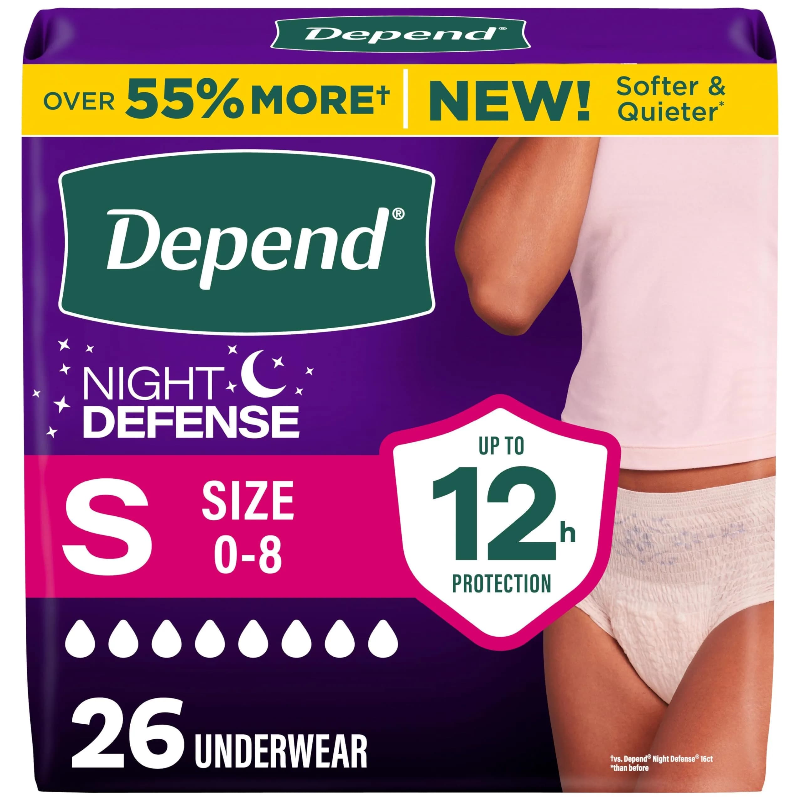 Depend Night Defense Adult Diapers for Women, Overnight Absorbency, Small, 26 Count | Incontinence Underwear, Postpartum Bladder Leak Protection - main product image