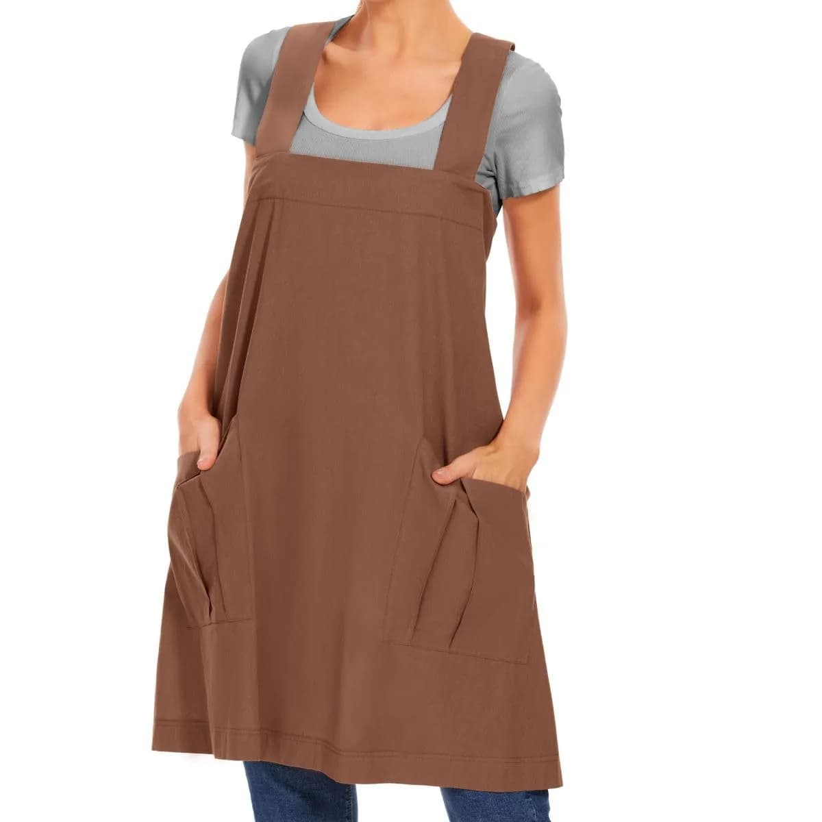 Larmliss Women's Cotton Cross Back Apron Pinafore Dress with Big Pockets | Loose Square Apron for Baking & Gardening
