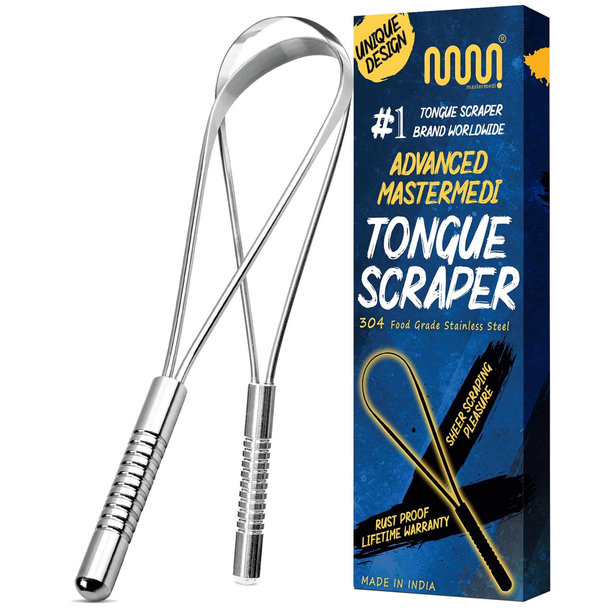 MasterMedi Stainless Steel Tongue Scraper Pack of 2 | Removes Bad Breath & Coating - main product image