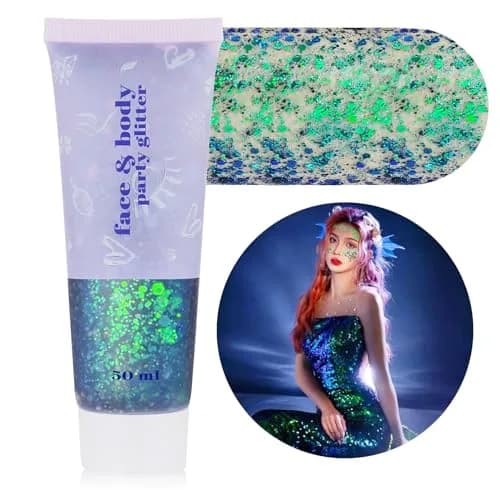 MEICOLY Green Chunky Glitter Gel 50ml (1.7 Fl Oz) | Self-Adhesive Face Body Hair Glitter for Festivals