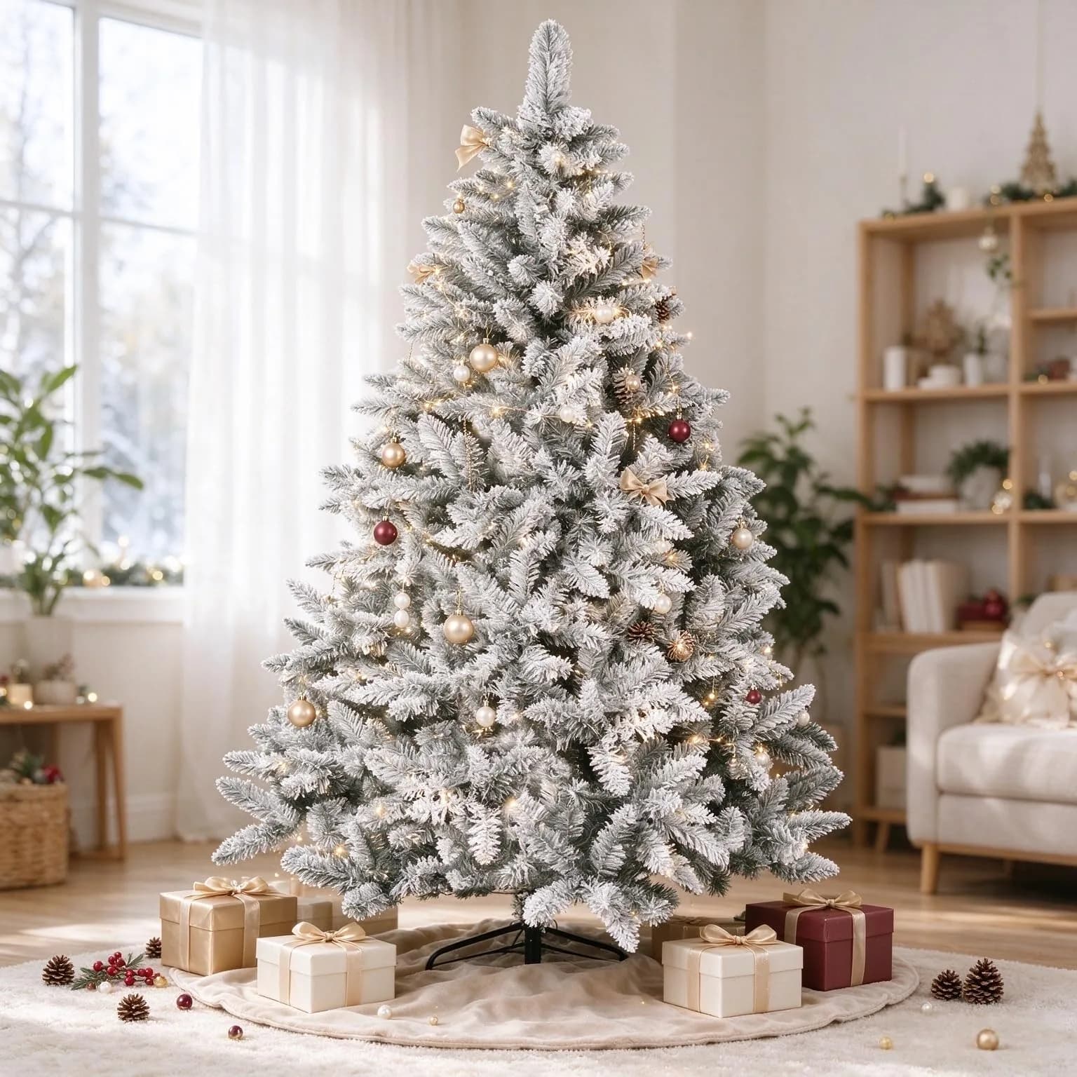 SUNCROWN 6ft Artificial Flocked Christmas Tree | Premium Frosted Snow, Indoor/Outdoor, Foldable Metal Stand, 1000 Tips - main product image