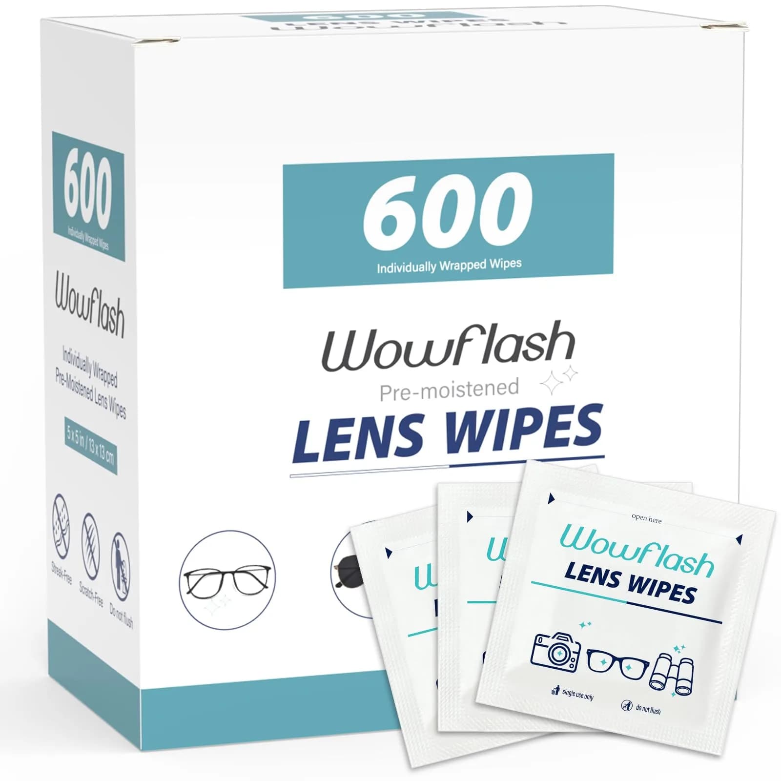 Wowflash Pre-Moistened Lens Wipes 600 Count | Streak-Free Cleaning for Eyeglasses, Sunglasses, Camera Lenses - main product image