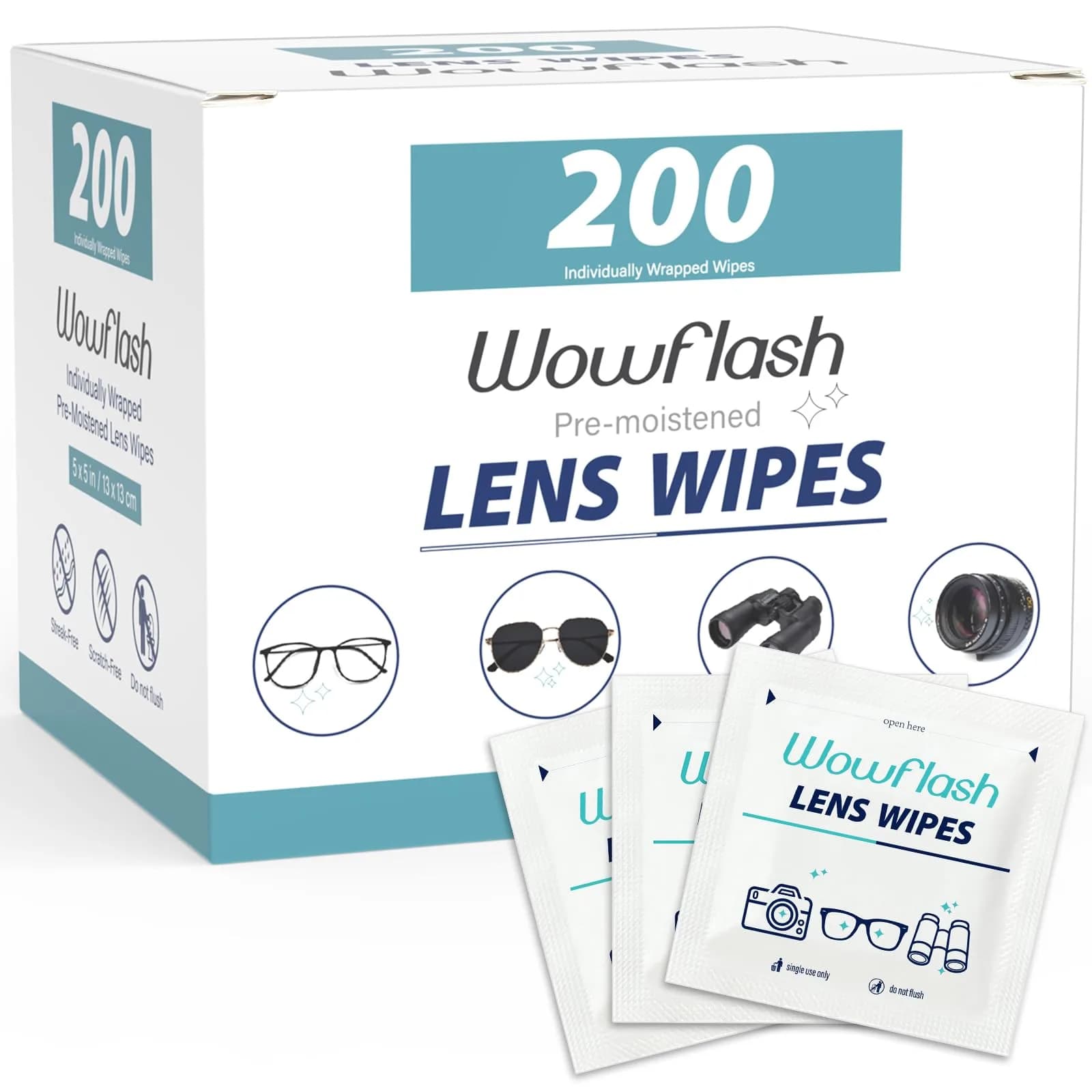 Wowflash 200 Count Pre-Moistened Lens Wipes | Streak-Free Cleaning for Eyeglasses, Sunglasses, Camera Lenses - main product image