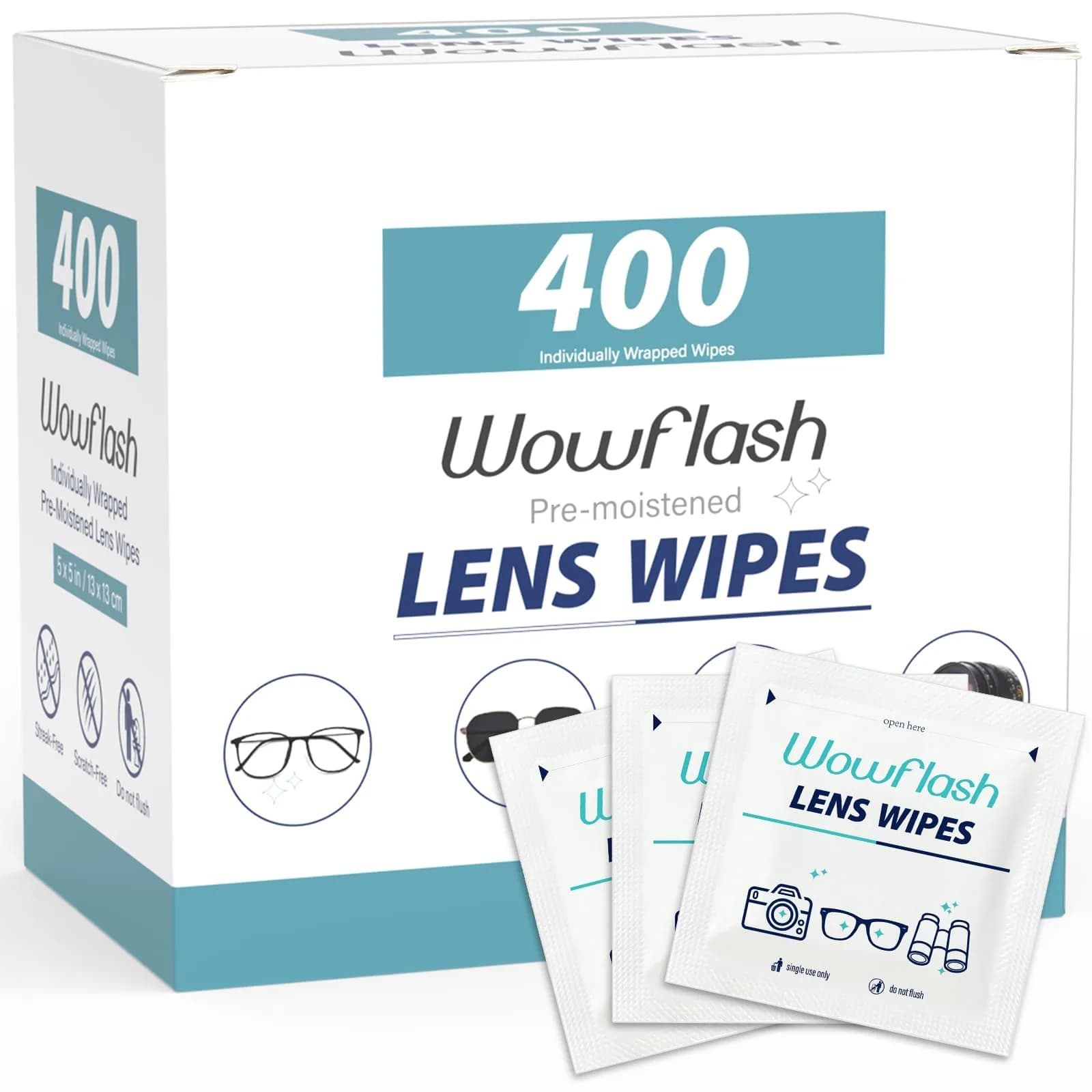 Wowflash Pre-moistened Lens Wipes 400 Count | Scratch-Free Streak-Free Cleaning for Eyeglasses - main product image