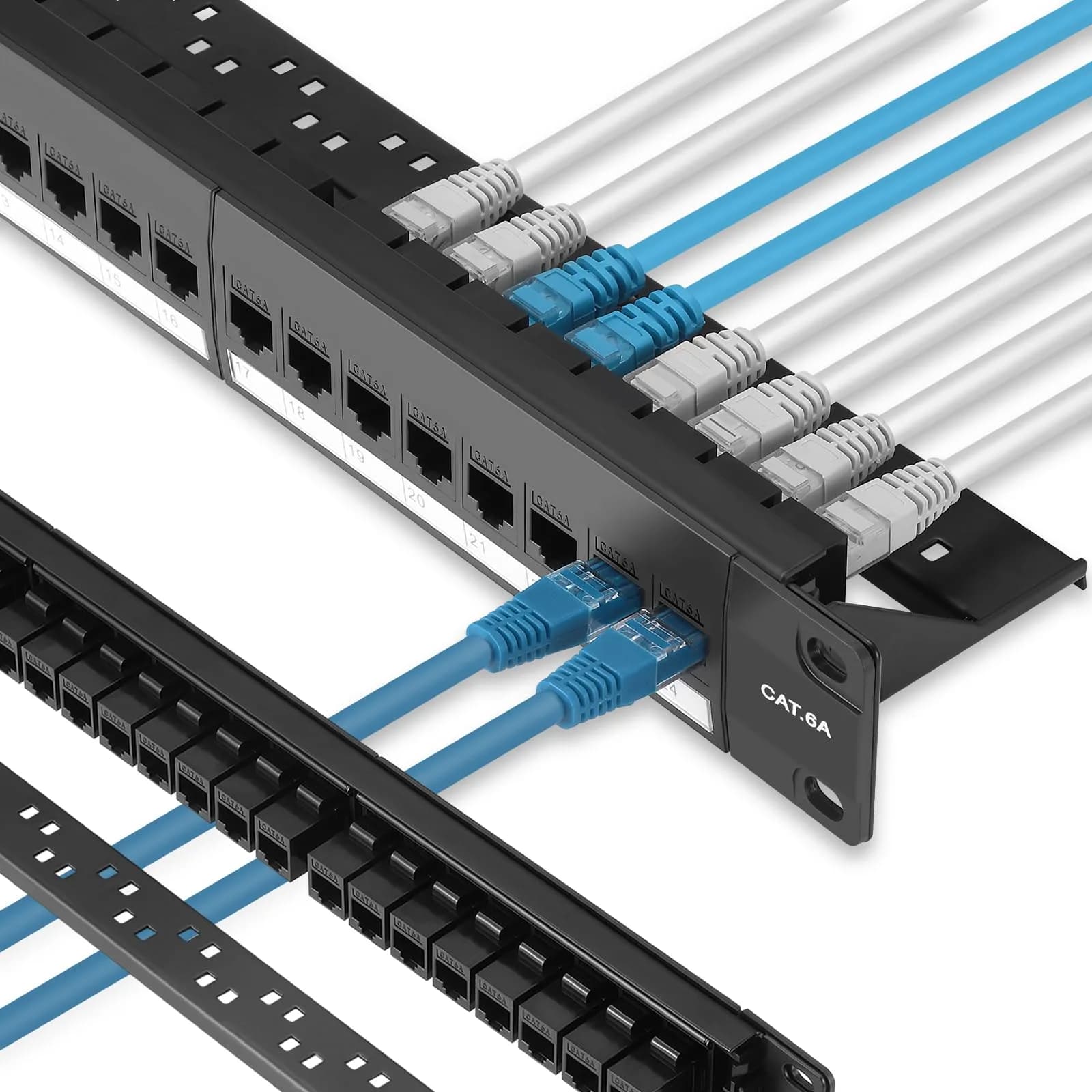 Rapink Patch Panel 24 Port Cat6A 10G Support | Toolless, Pass-Thru, Gold Pins, Removable Back Bar