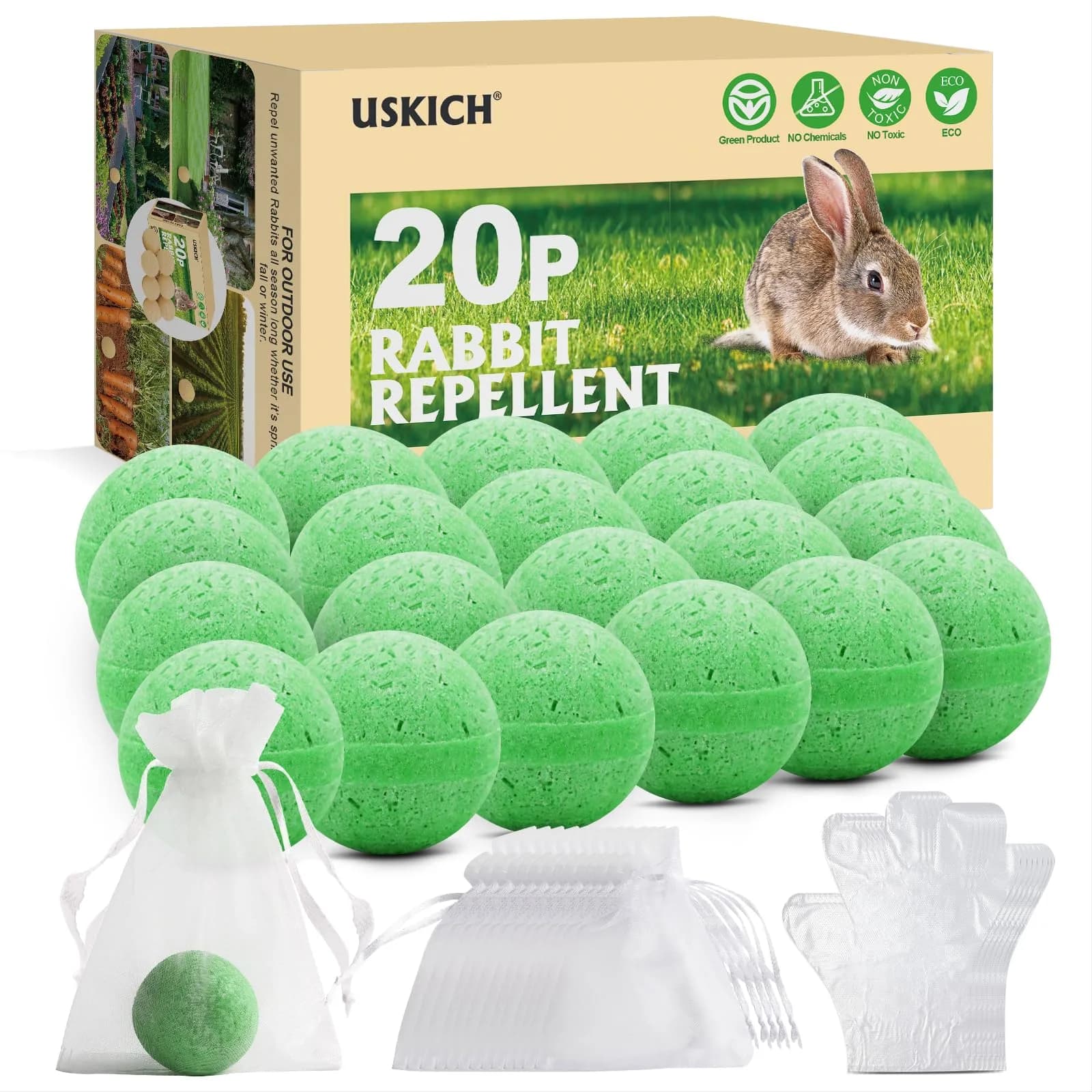USKICH Natural Peppermint Oil Rabbit Repellent Pellets 20 Pack | 20 Count, 8 Gloves, 10 Mesh Bags - main product image
