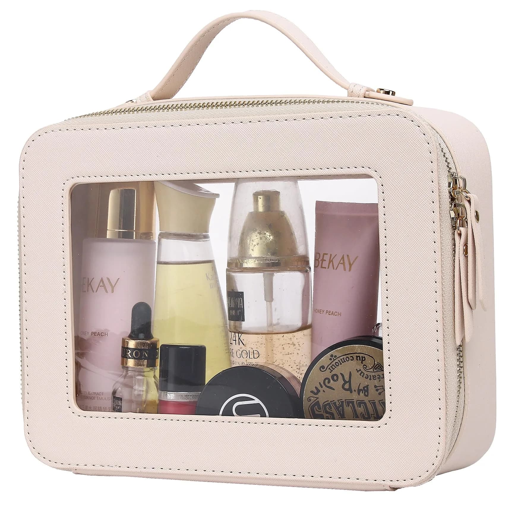 Pinkmik Clear Makeup Bag Large Beige | TSA Compliant Travel Toiletry Bag with Zipper - main product image