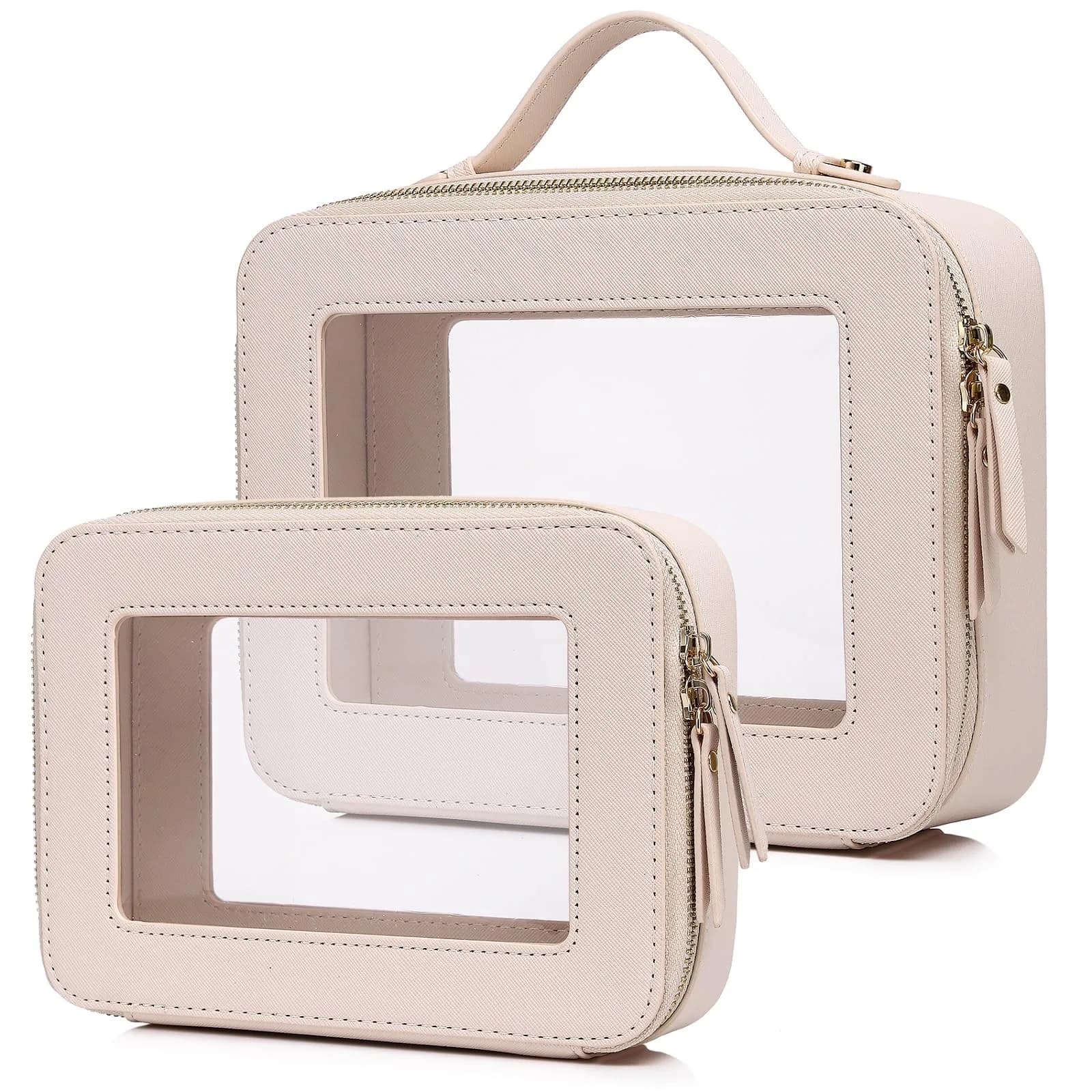 Pinkmik Clear Makeup Bag Set, Medium & Large Beige | TSA Approved & Waterproof Travel Cosmetic Case - main product image