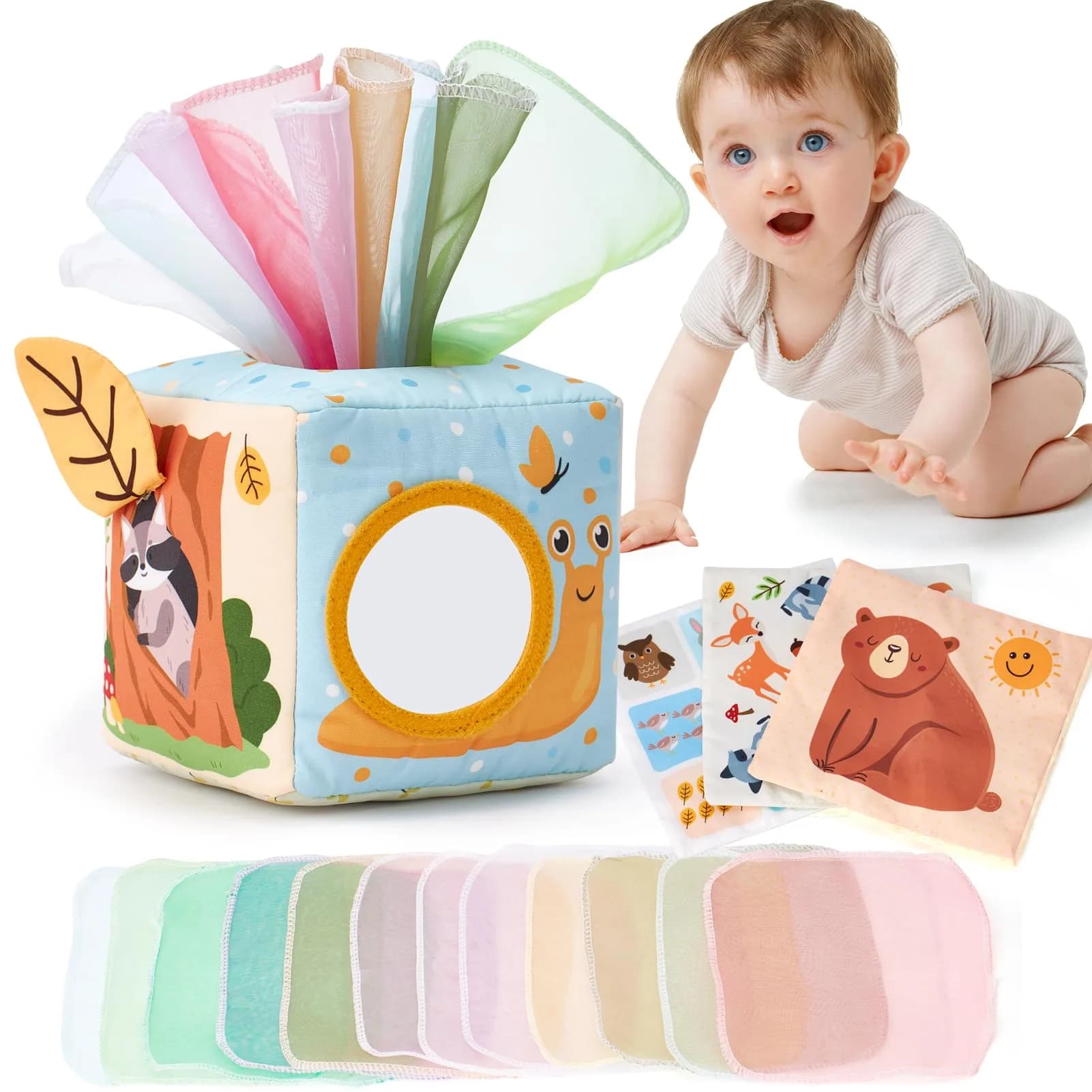 hahaland Montessori Tissue Box Toy | Sensory Pulling Play Scarf Soft Box, Crinkle Paper, Mirror, Tag for Babies Boy Girl Gifts Must Haves 1 Year Old Birthday Gift - main product image