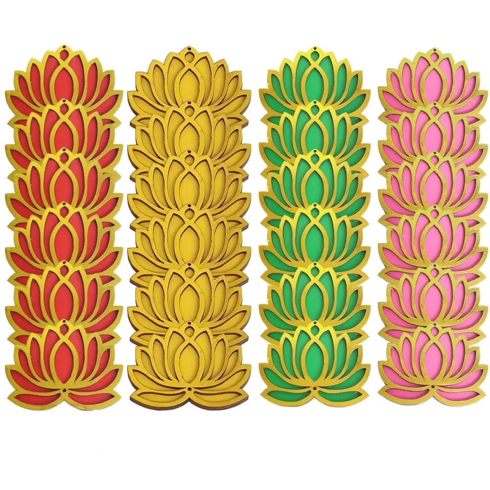 GIFT JAIPUR Multicolor Lotus DIY Cutouts 4 Inch (10.16 cm) | 24 Pc Handcrafted Wooden Decor for Festivals - main product image