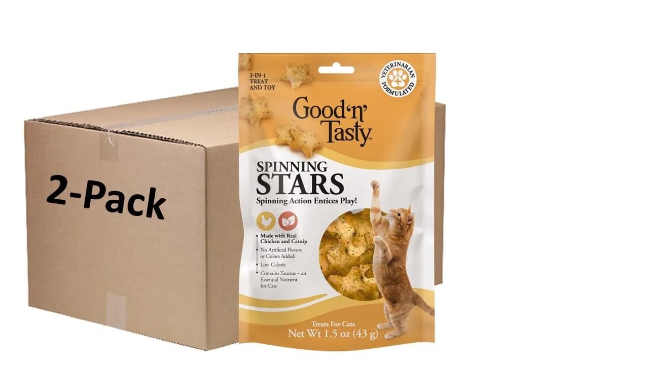 Good ‘N’ Tasty Spinning Stars Cat Treat & Toy 1.5 oz | Interactive, Low Calorie with Real Chicken & Catnip
