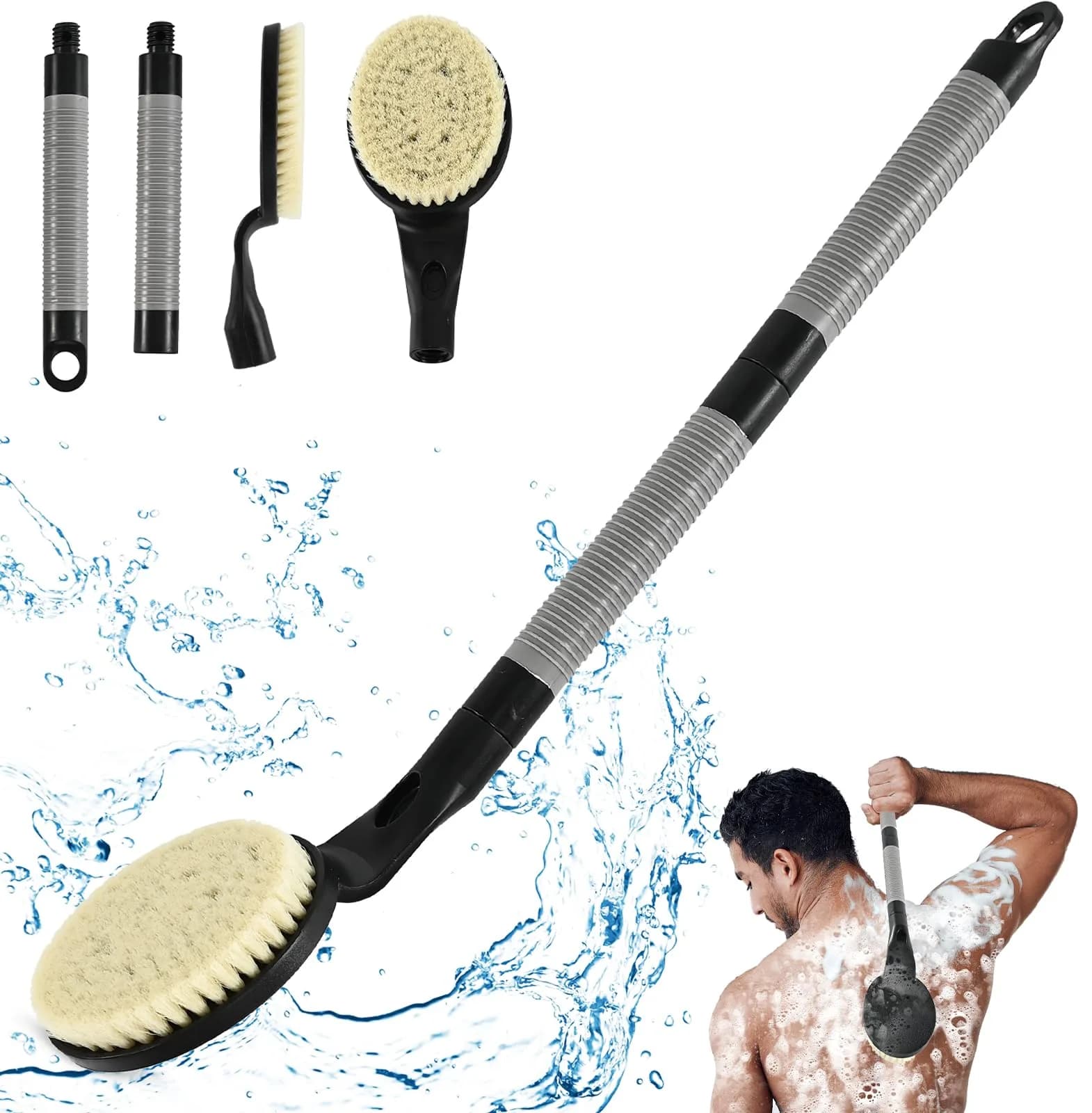 BTideas Detachable Back Bath Brush with Long Handle for Shower, 55cm (21.7") Black | Exfoliates & Cleans Hard-to-Reach Areas - main product image