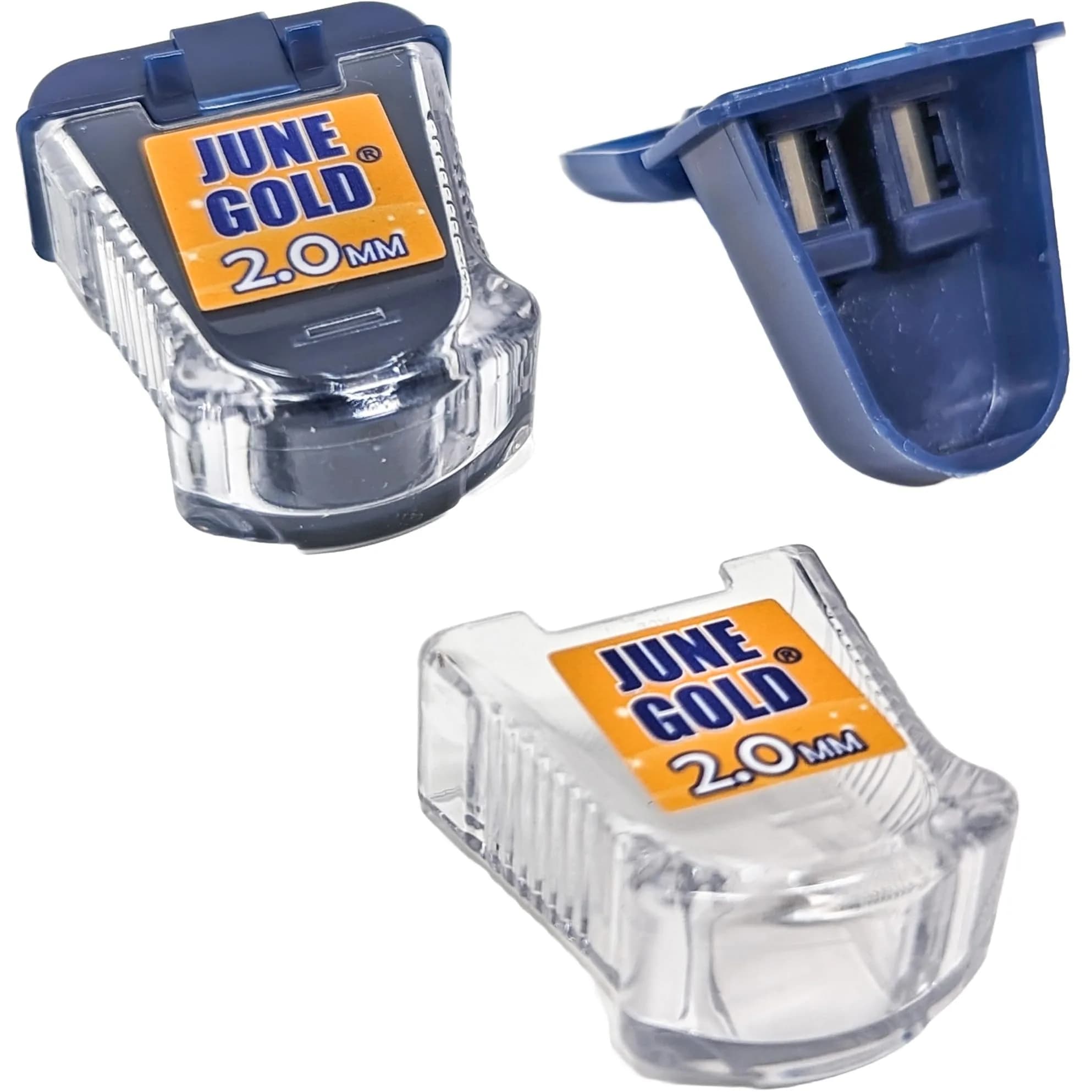 June Gold 2.0 mm Pencil Sharpener for Graphite or Color Leads (2 Pack, Blue) | Sharpens Leads & Catches Dust - main product image