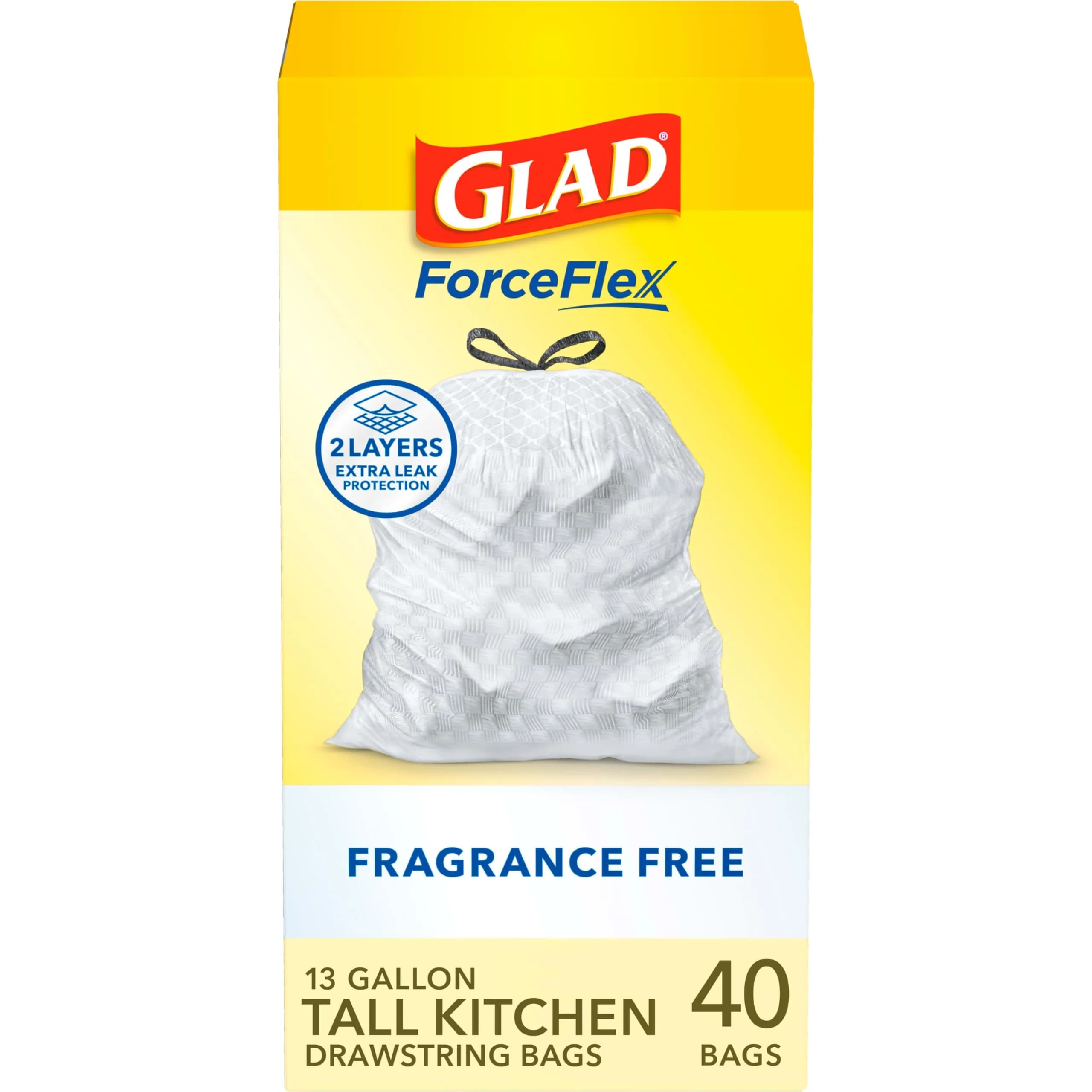 Glad ForceFlex Tall Kitchen Drawstring Trash Bags, 13 Gal, Fragrance Free, 40 Ct | USA-Sourced Eco-Friendly Bags - main product image