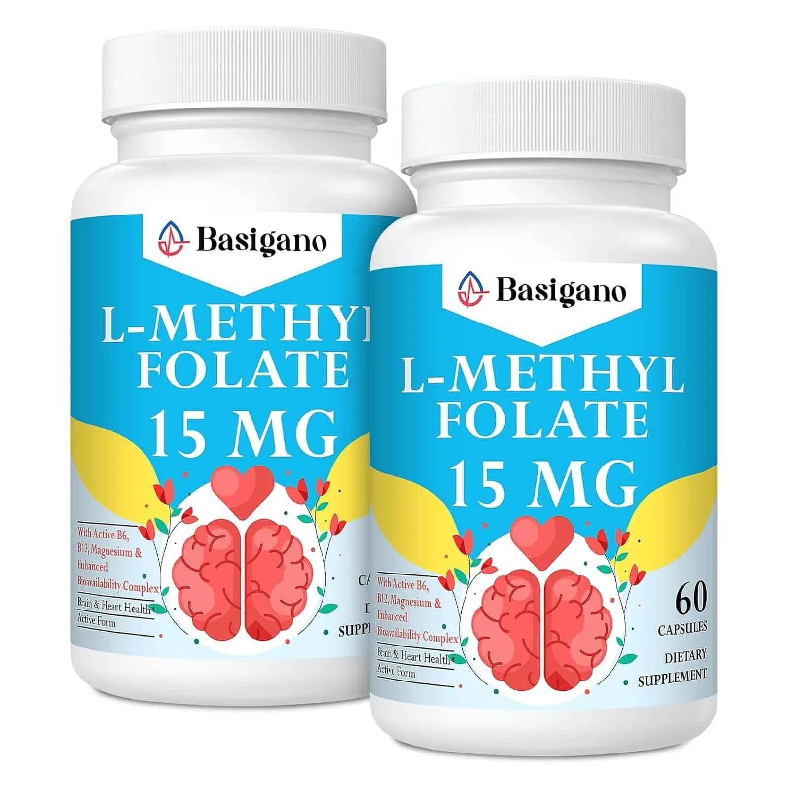 Basigano 15mg L-Methylfolate Capsules | Active Folic Acid with Vitamins B6 & B12 (60 Vegetarian Capsules)