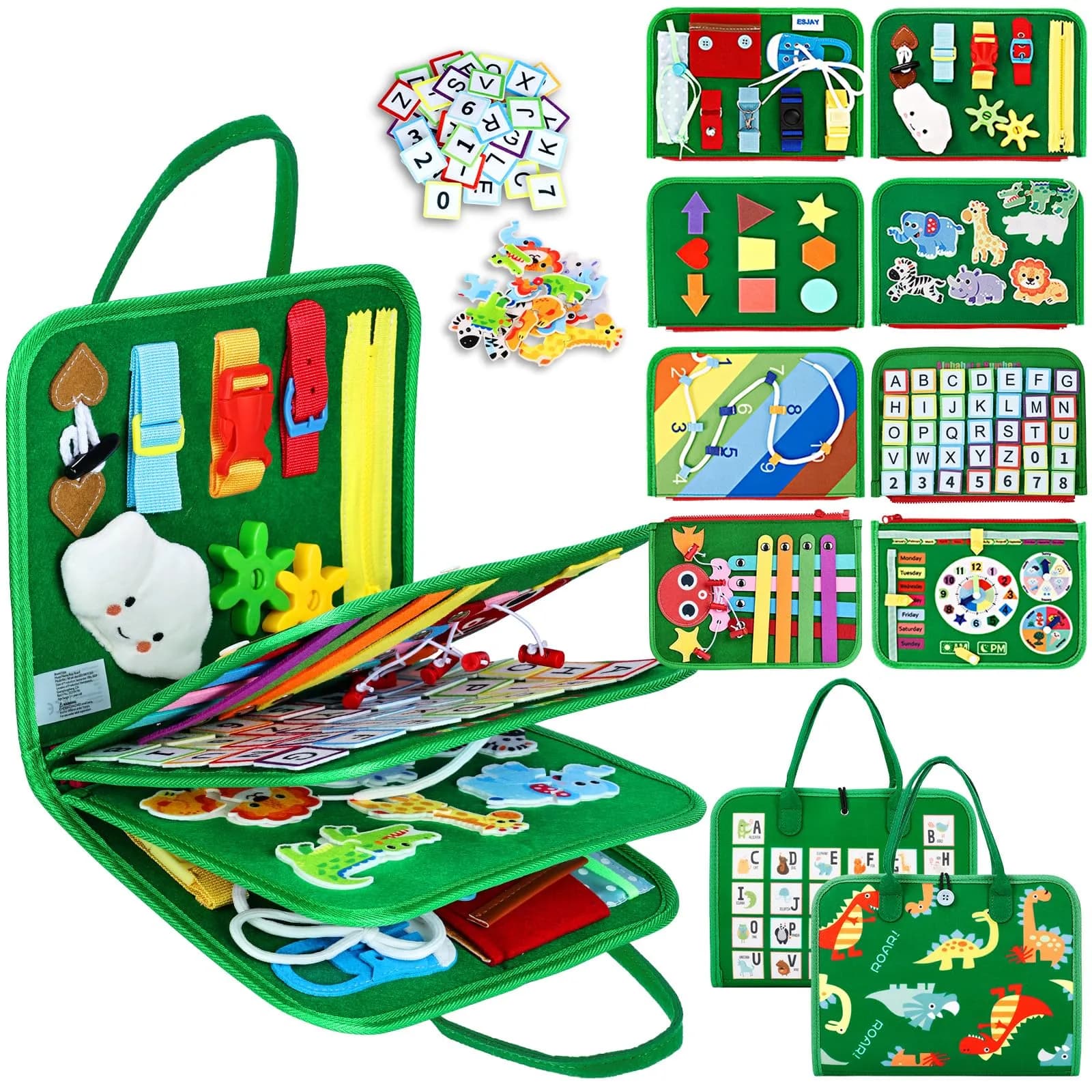 Esjay Green Dinosaur Toddler Busy Board Montessori Toy | 8-Page Educational Fine Motor Skills Activity Book - main product image