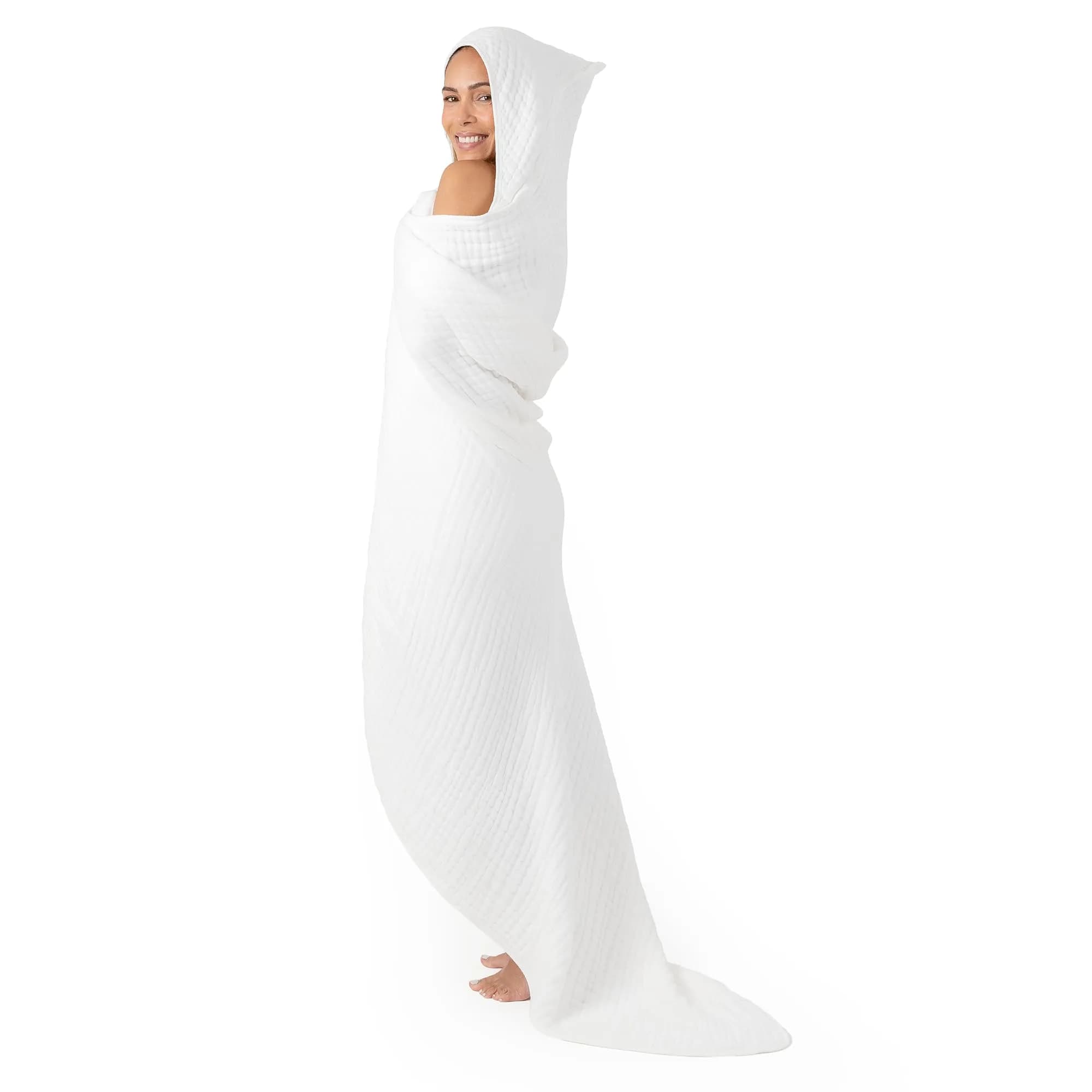 Comfy Cubs Adult Hooded Towel - Large 58'' x 58'', Soft, Absorbent, Stylish Dual-Function Muslin Towel Hoodie for Bath, Relaxation, and Everyday Use - White