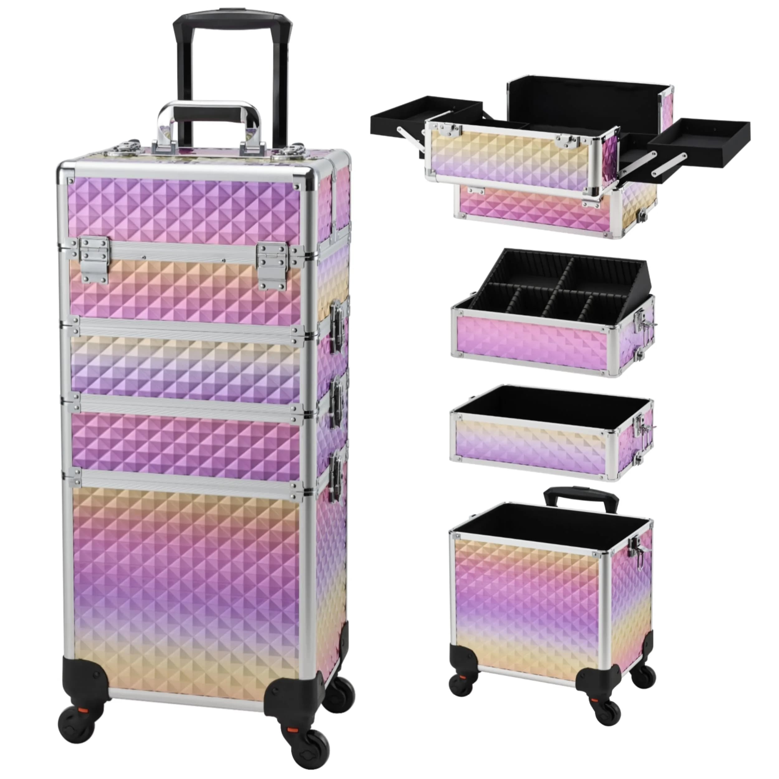 Yueieoun Makeup Case on Wheels, 4-in-1 Rolling Trolley, Gradient Purpple | Professional Makeup Travel Cart