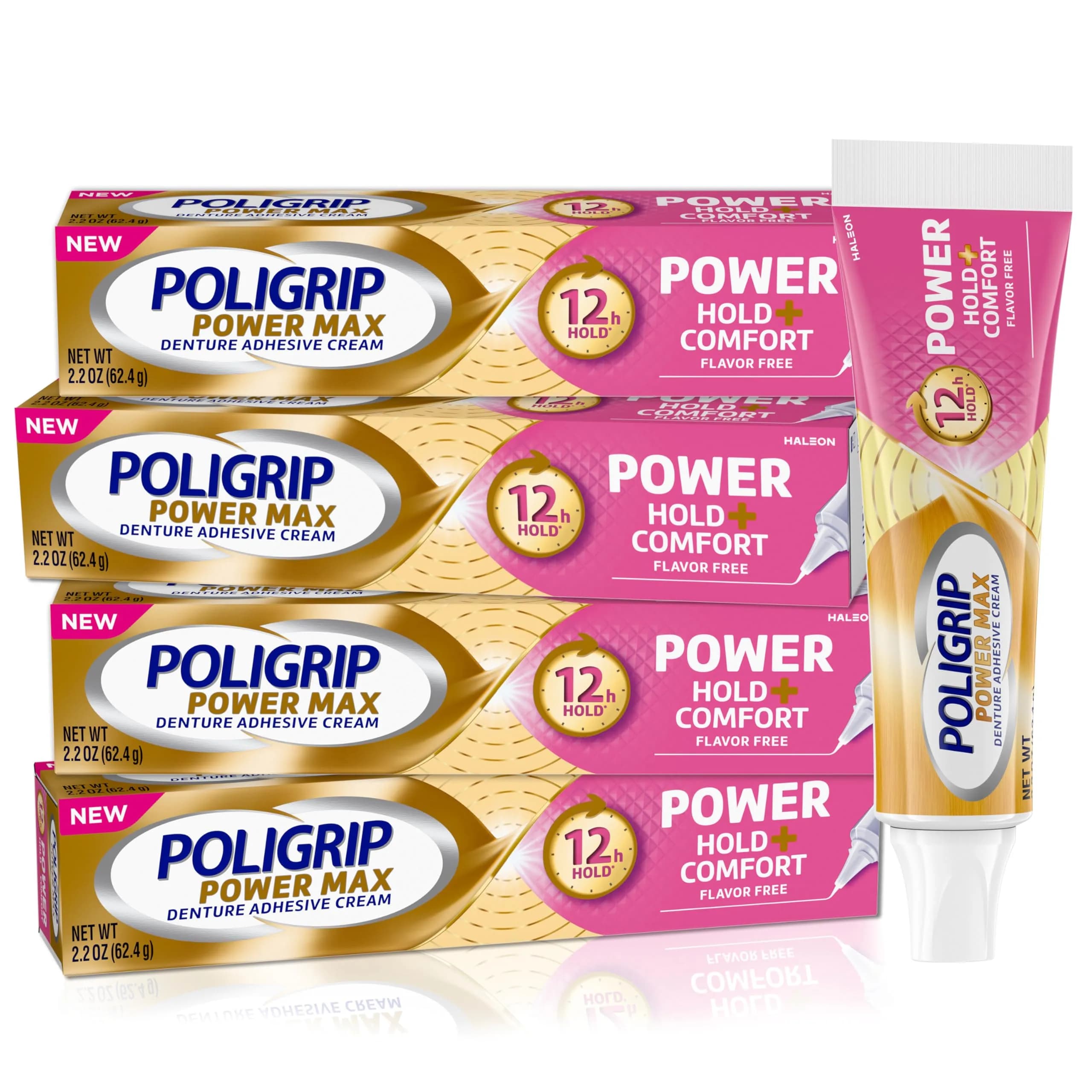 Poligrip Denture Adhesive Power Max Hold Plus Comfort | 4 Tubes 2.2 Oz Each