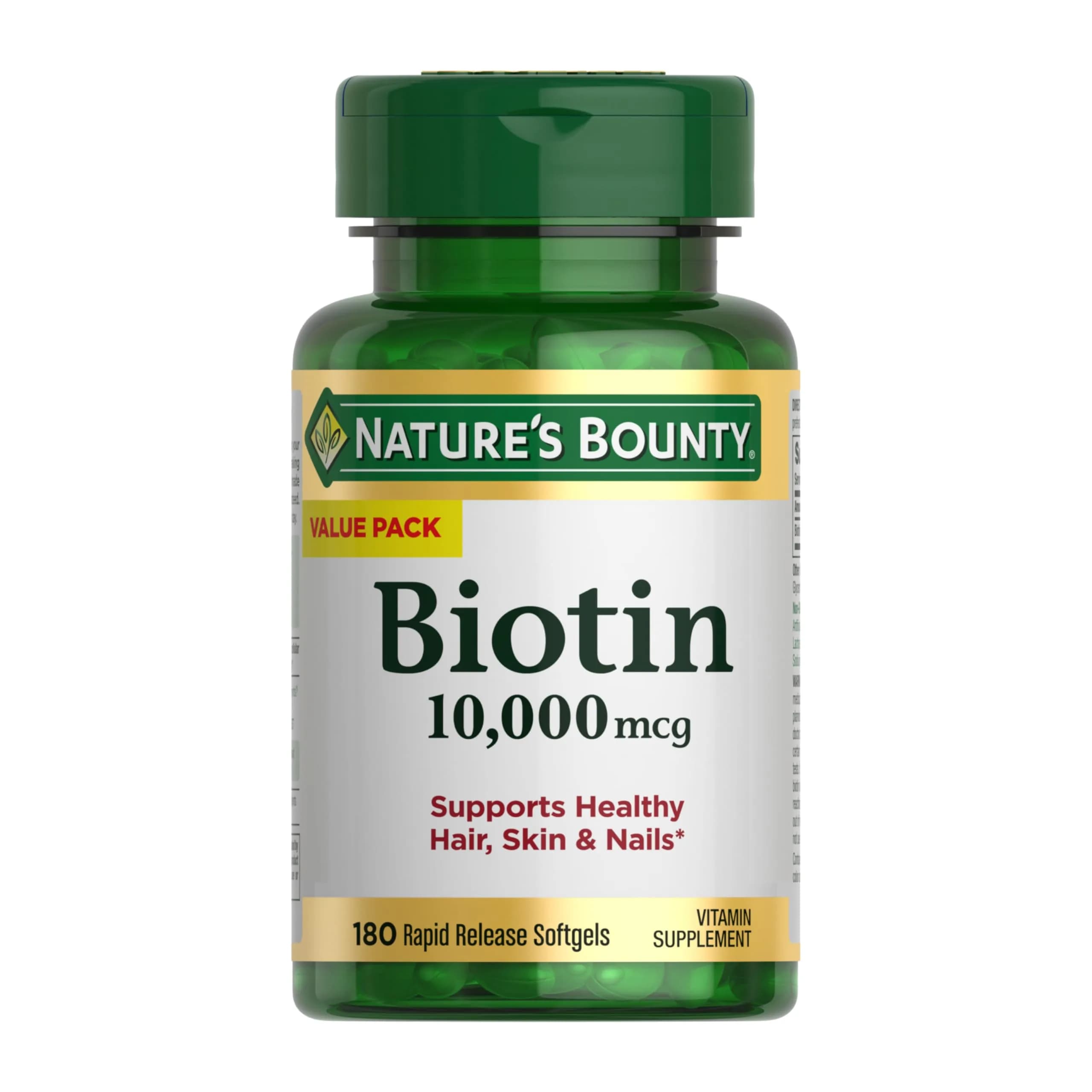 Nature's Bounty Biotin Hair Skin and Nails Vitamins, 10,000 mcg Rapid Release Softgels, 180 Ct | Supports Healthy Hair, Skin and Nails - main product image