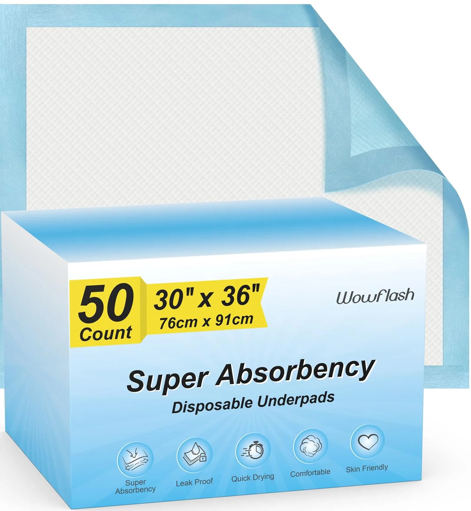 Wowflash XXL Disposable Underpads 30" x 36" (50 Count) | USA Import Value Pack for All-Night Protection - main product image