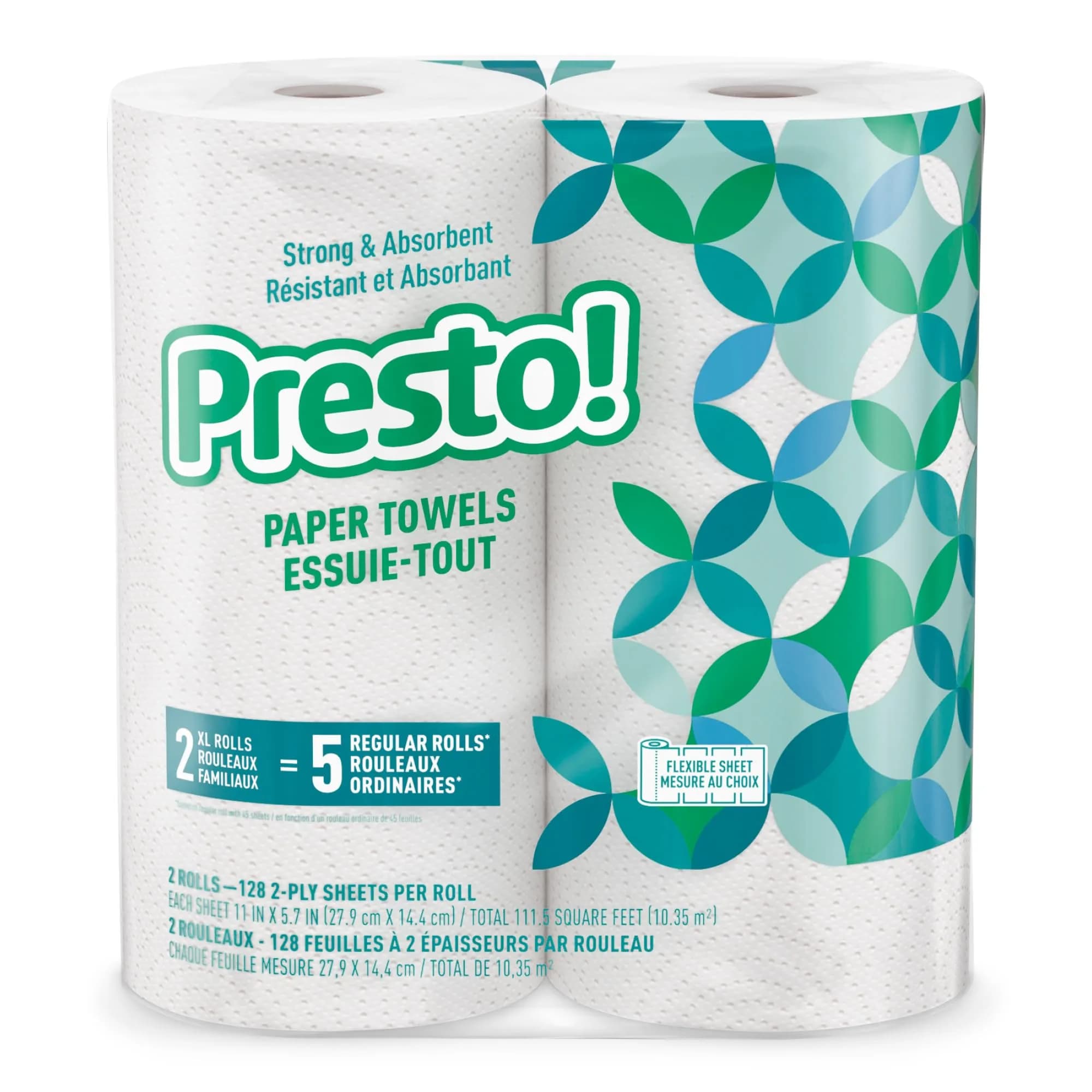 Presto! Flex-a-Size Paper Towels 2-Ply Value Pack (2 Rolls, 128 Sheets/Roll) | Strong Absorbent Kitchen Towels - main product image