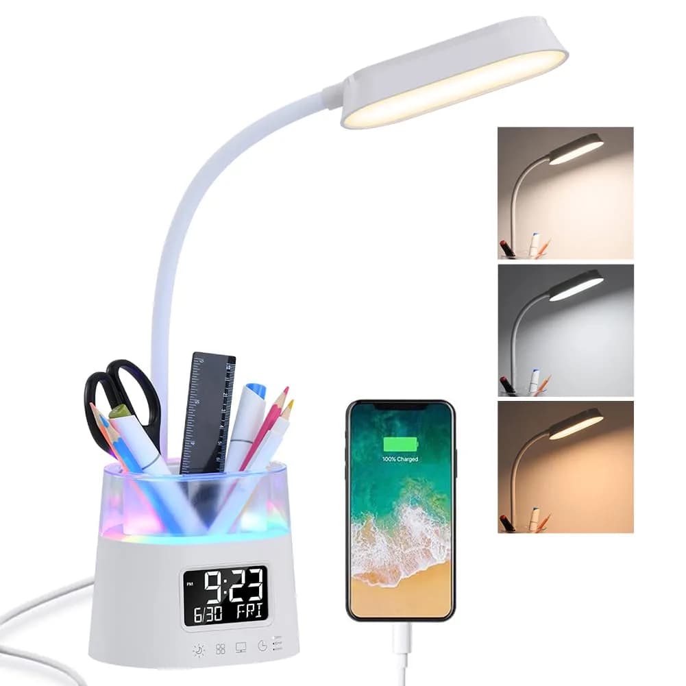 WILIT LED Desk Lamp for Home Office with Pen Holder, RGB Night Light, White | Adjustable Brightness & Timer - main product image