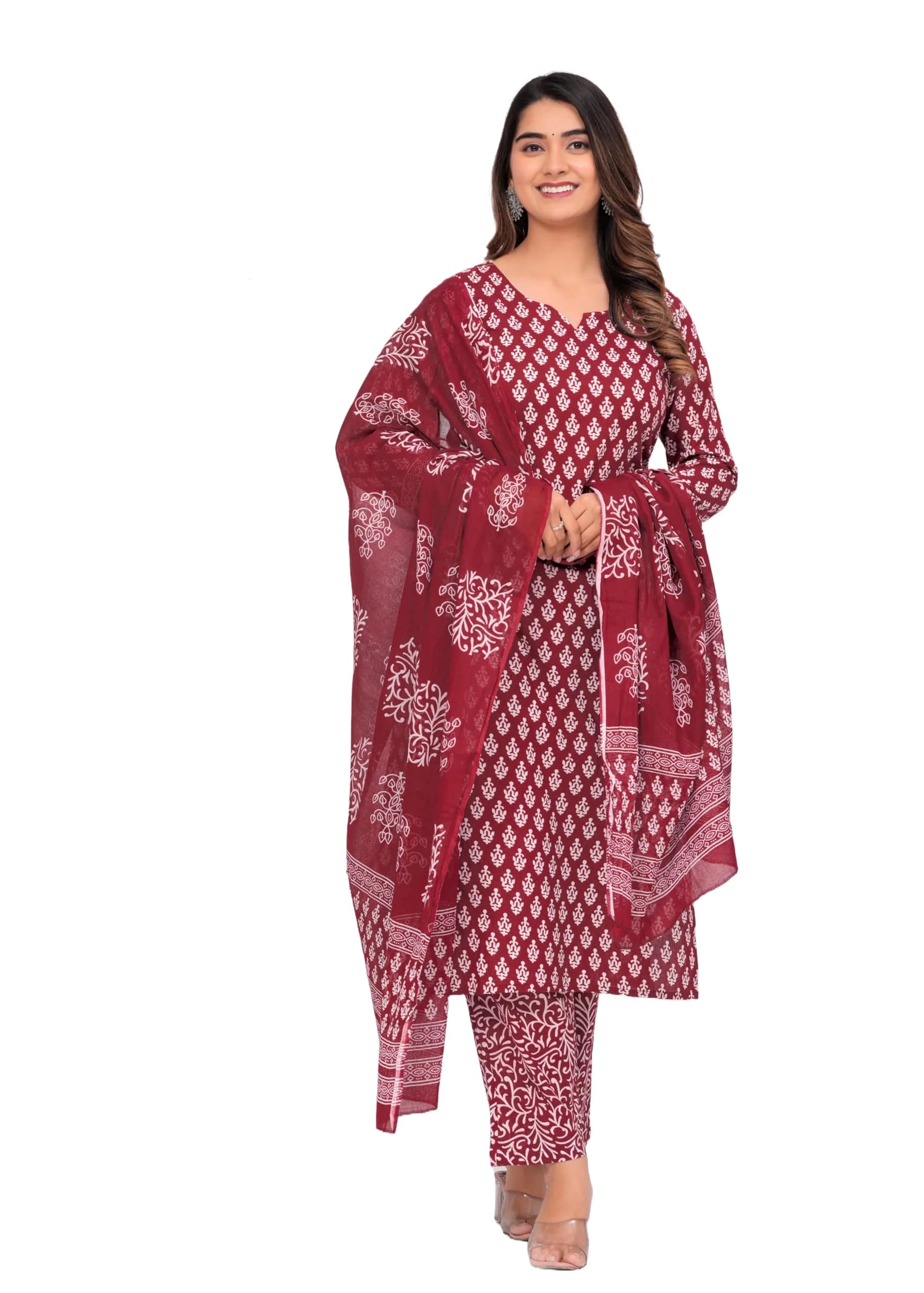 Meera Fab Women's Cotton Printed Kurta with Palazzo & Dupatta Set in Maroon | Light, Trendy & Soft