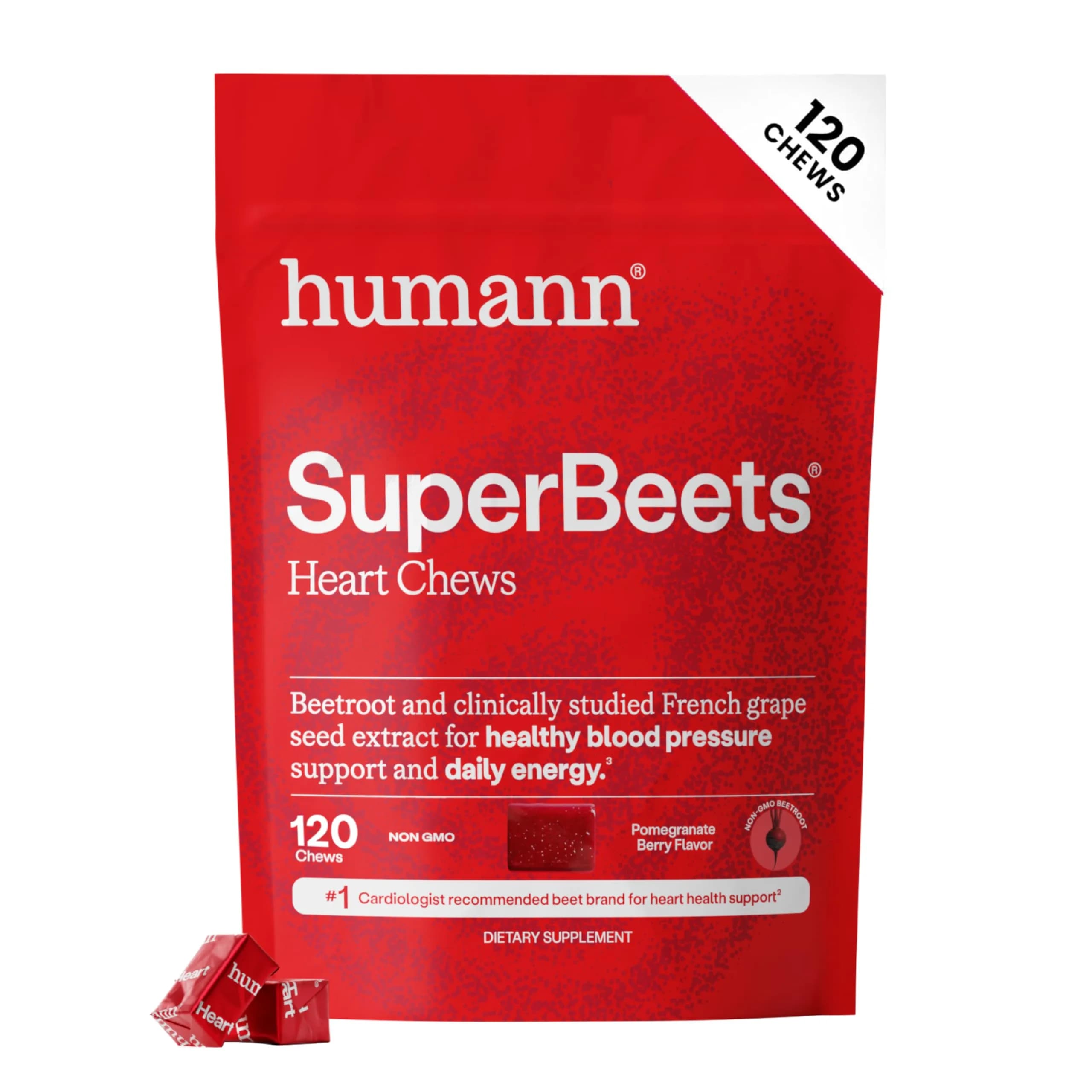 HumanN SuperBeets Heart Chews Pomegranate Berry 60 Ct | Clinically Studied Grape Seed Extract for Blood Pressure Support — Pomegranate Berry