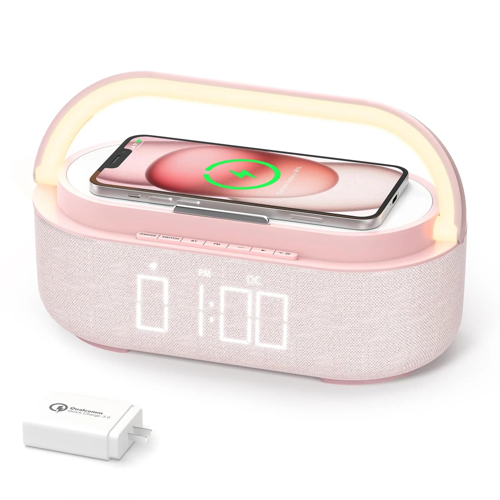 COLSUR Bluetooth Speaker Alarm Clock & Wireless Charger with FM Radio, Night Light, Phone Holder - Pink - main product image