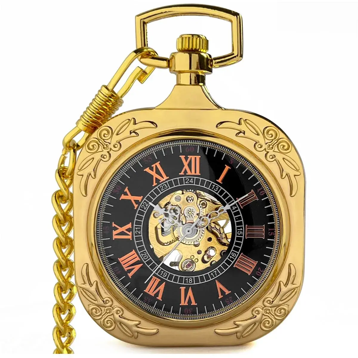 VIGOROSO Vintage Mechanical Pocket Watch with Chain, 4.45 cm (1.75 in) Case | Gold Skeleton Dial, Roman Numerals - main product image