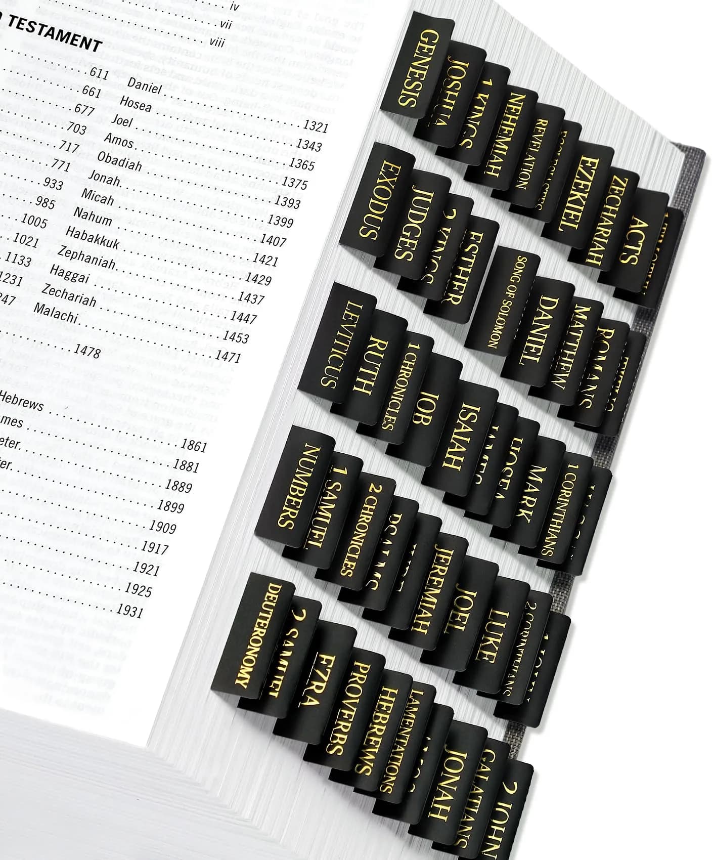 Taja Bible Tabs for Women & Men, Large Print Bible Index Tabs for Easy Navigation, Old & New Testament, 66 Tabs + 9 Blank - Black - main product image