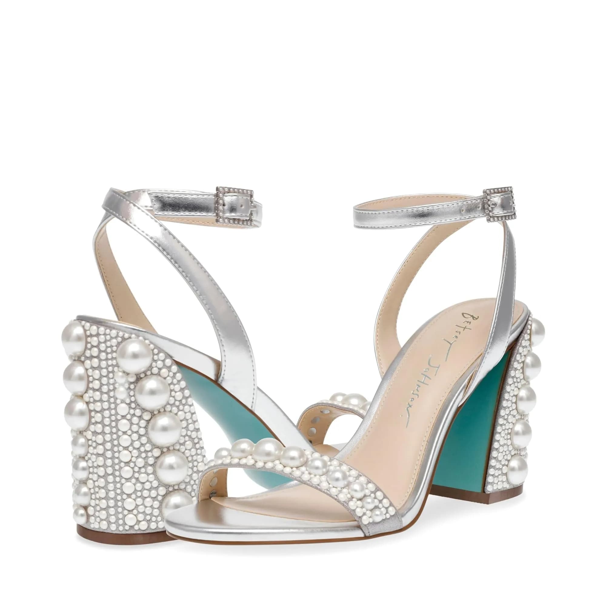 Betsey Johnson Lexi Silver Heeled Sandal 7 | Embellished Block Heel for Evening Wear