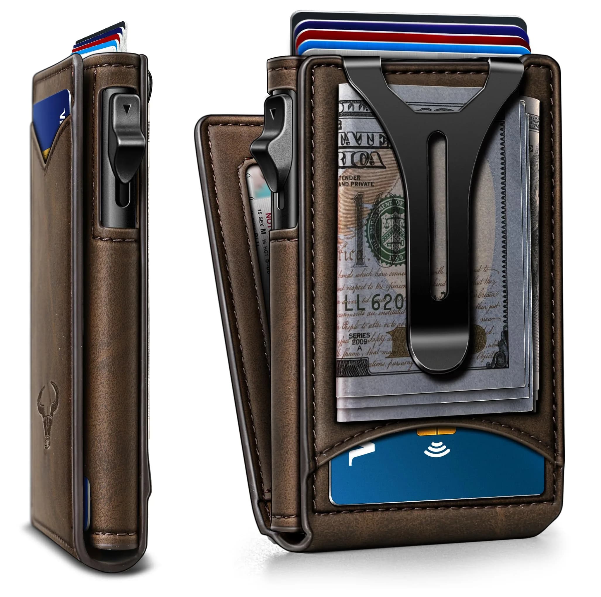BULLIANT Men Slim Magnetic Leather Wallet with Metal Money Clip | 9 Card Slots, RFID Protected, Compact Fit