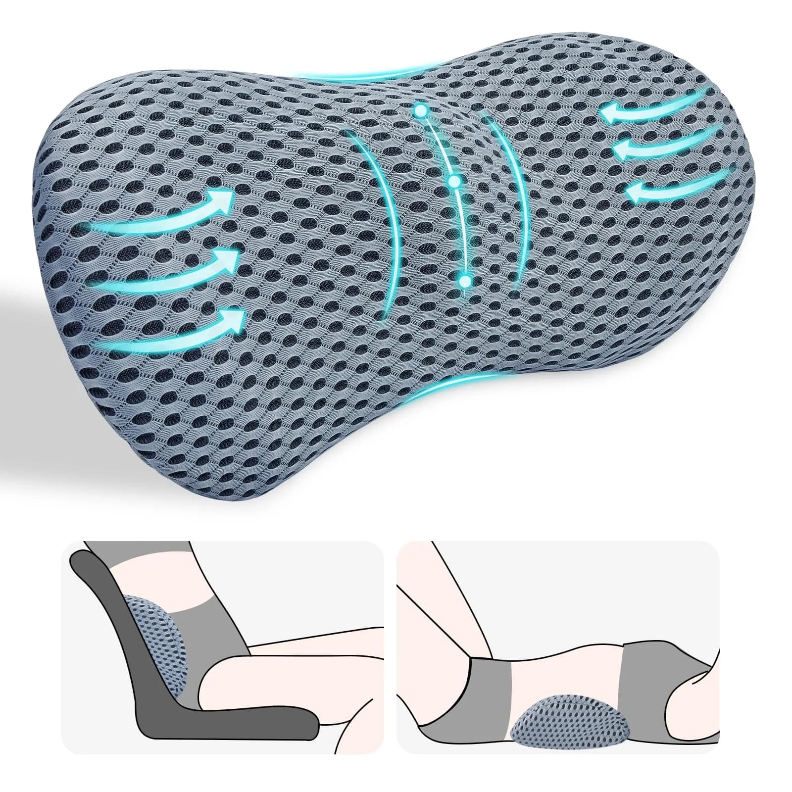 kasney Lumbar Support Pillow for Office Chair | Memory Foam Back Support, Gray, Large - main product image