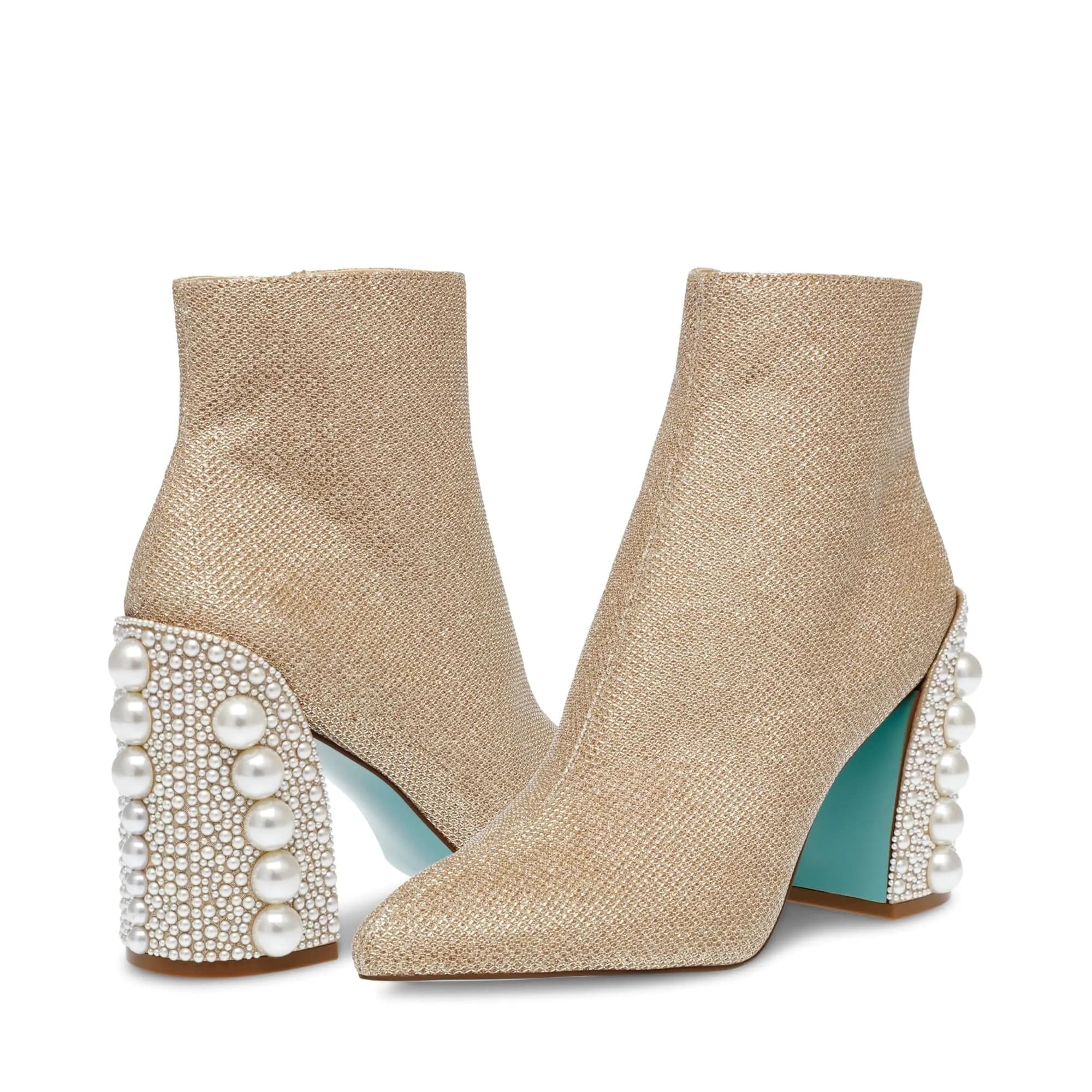Betsey Johnson Kasey Fashion Boot, Gold, 5.5 | Pearl-Encrusted Heel & Ankle-High Style