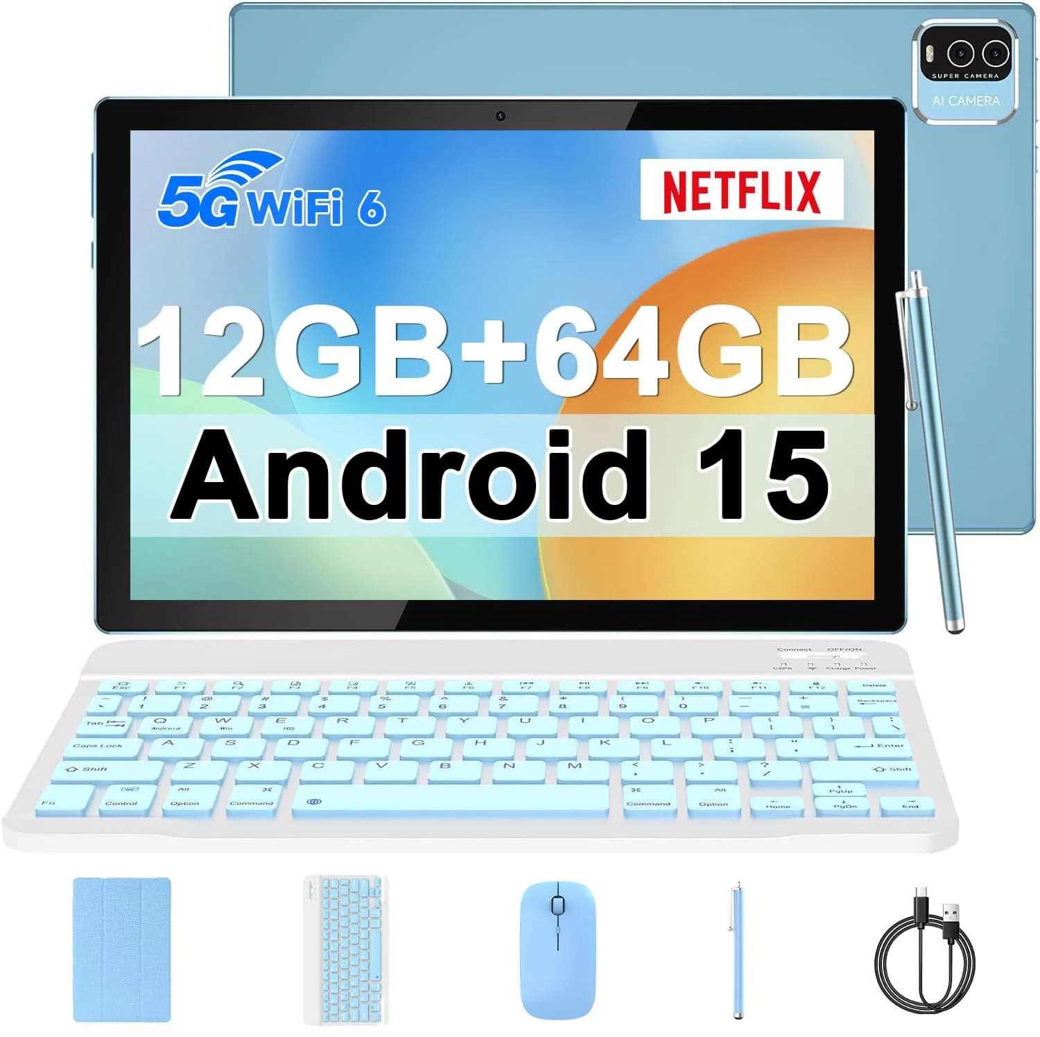 IWEGGO Android 15 Tablet 10.1 Inch 12GB RAM 64GB ROM 1TB Expandable | 2-in-1 with Keyboard, Mouse, Stylus, Case - main product image
