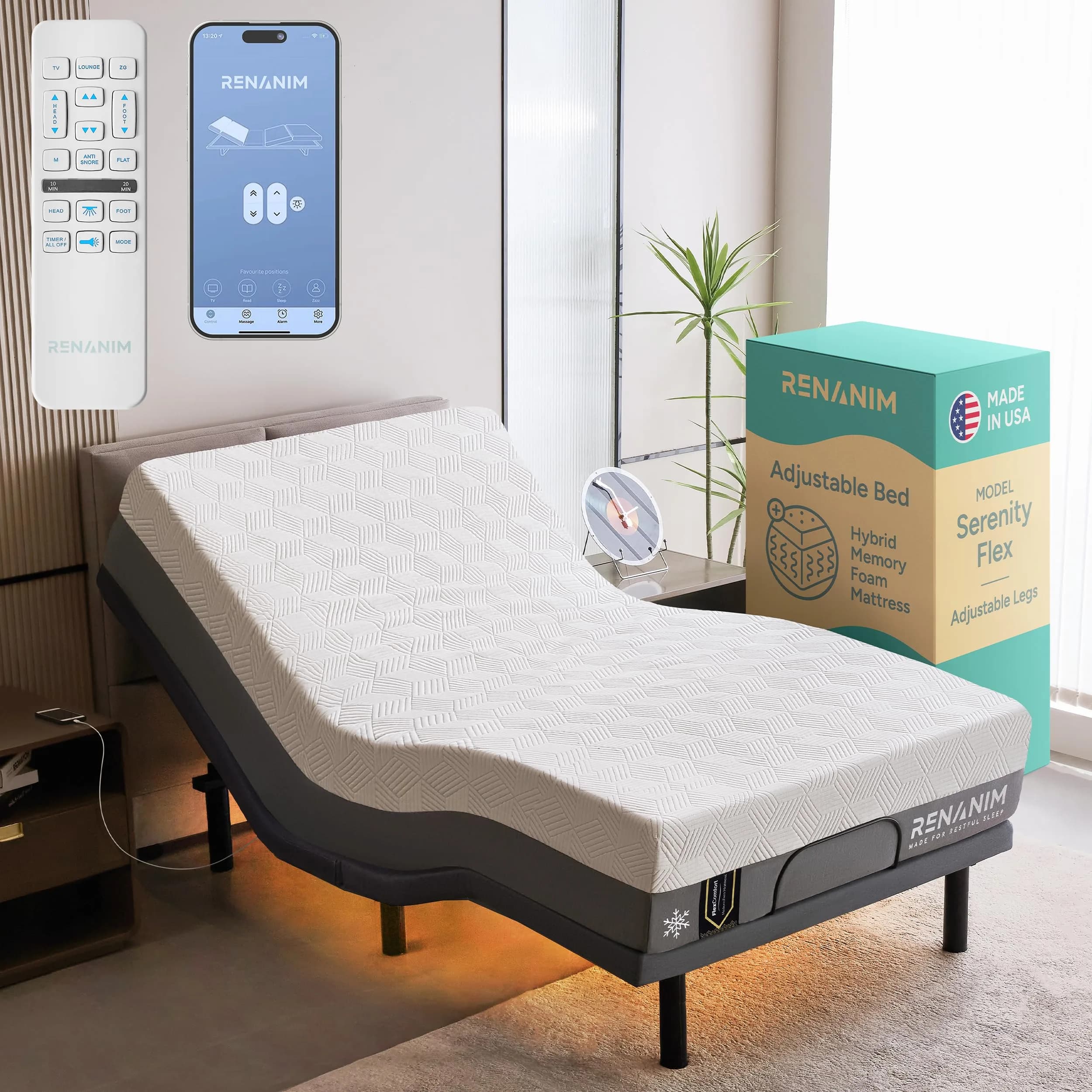 Renanim TwinXL Adjustable Bed Frame with Mattress | 12" Hybrid Memory Foam, Zero Gravity, Massage, USB Ports - main product image