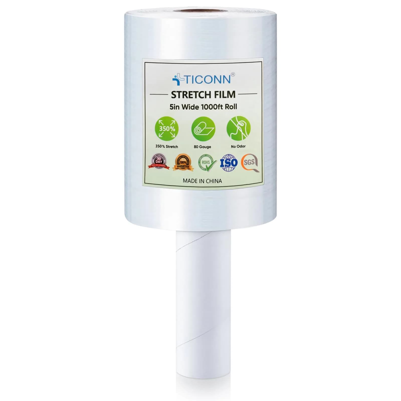 TICONN Clear Stretch Wrap Film Roll 1000ft x 5 Inch with Handles | Industrial Strength Pallet Wrap for Shipping & Moving - main product image
