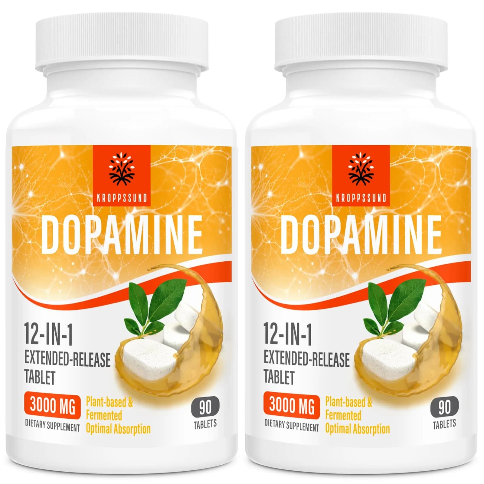 Kroppssund Dopamine Supplements with L-Theanine & Ashwagandha | 3000mg Per Serving, 90 Tablets (2 Bottle)