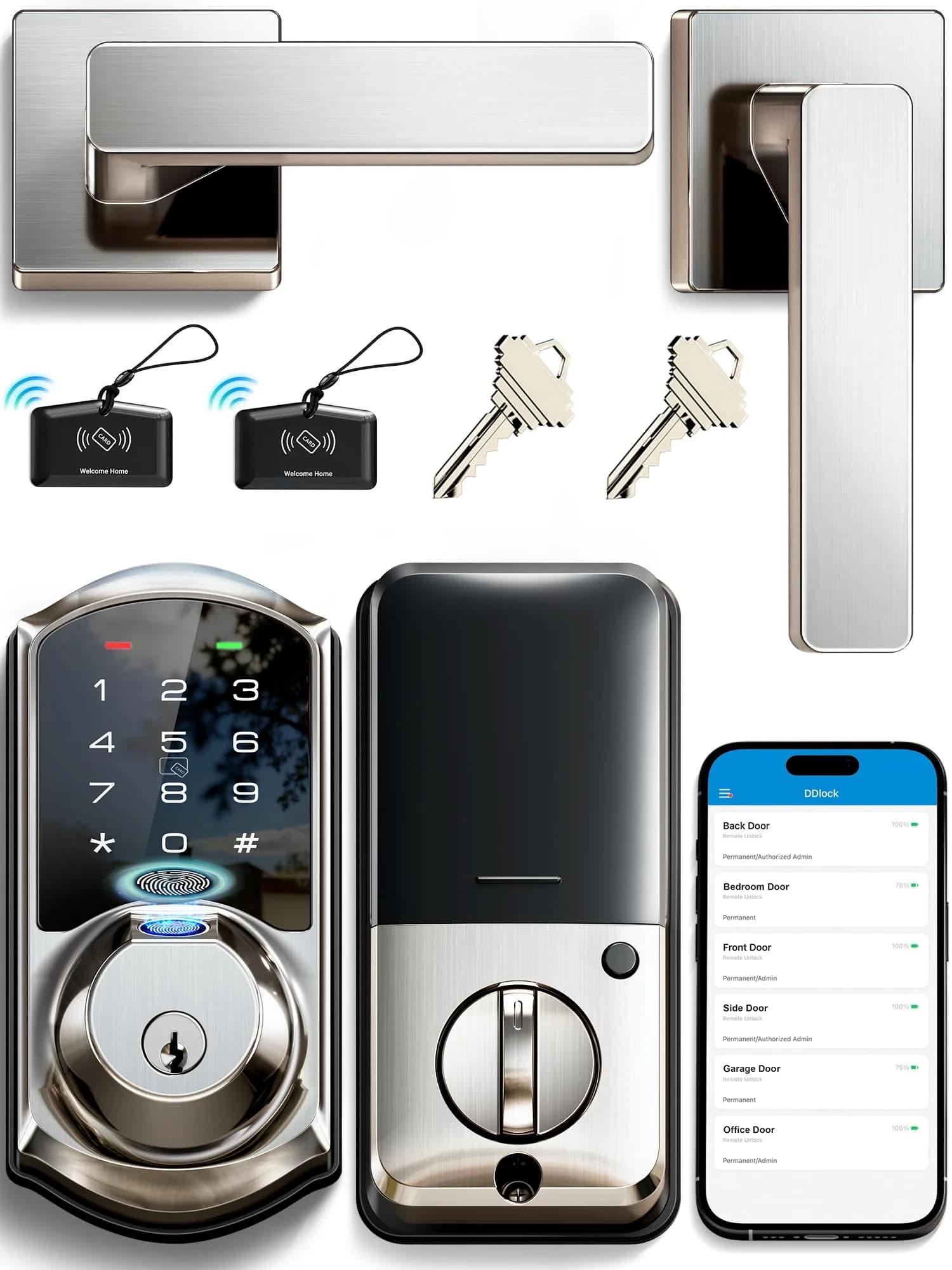 Veise VE07-L Fingerprint Smart Lock with Lever Handles Set, Satin Nickel | BHMA Grade 3 Certified, 8-in-1 Keyless Entry - main product image