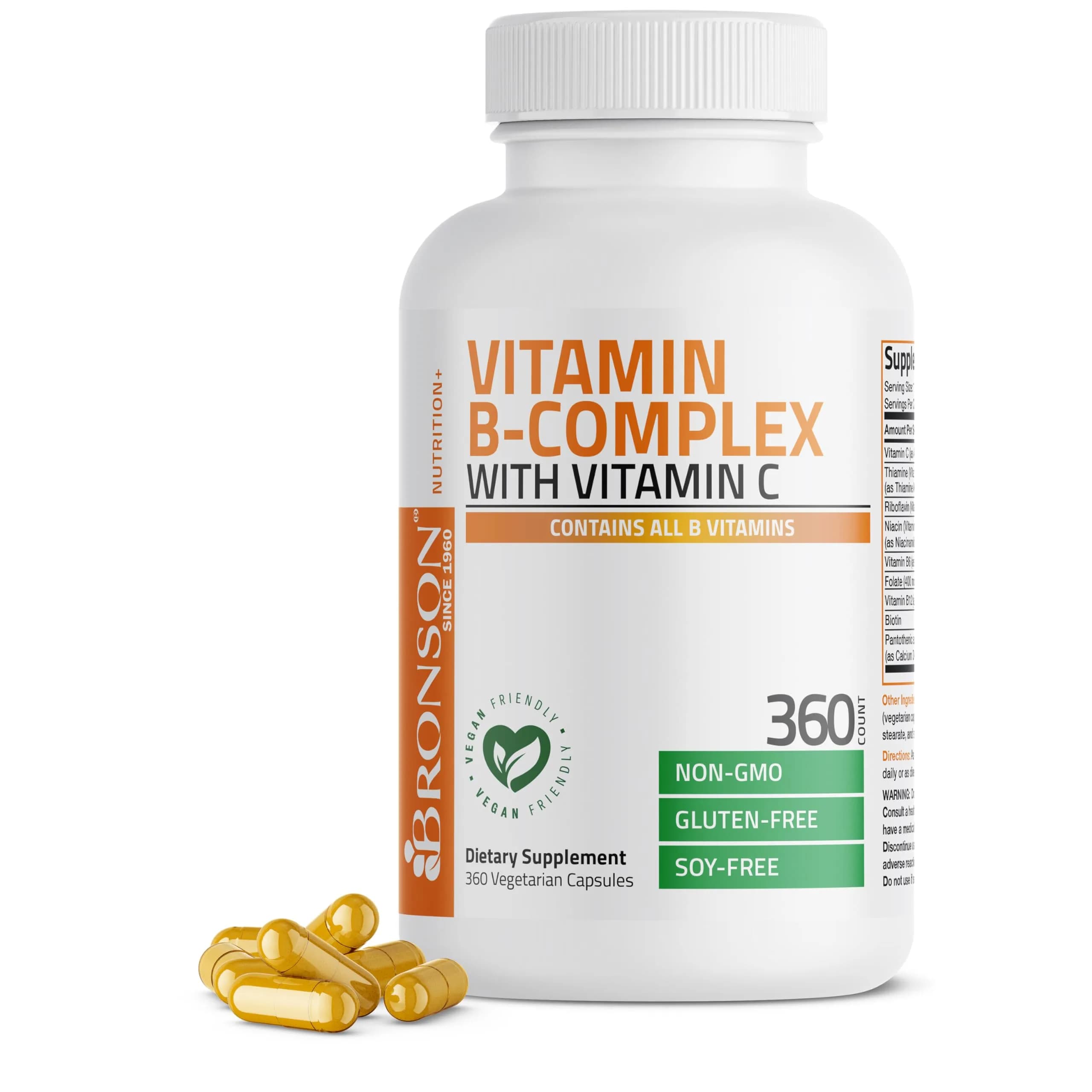 Bronson Vitamin B Complex with Vitamin C Vegetarian Capsules, 360 Count | Supports Energy & Immunity — Capsule