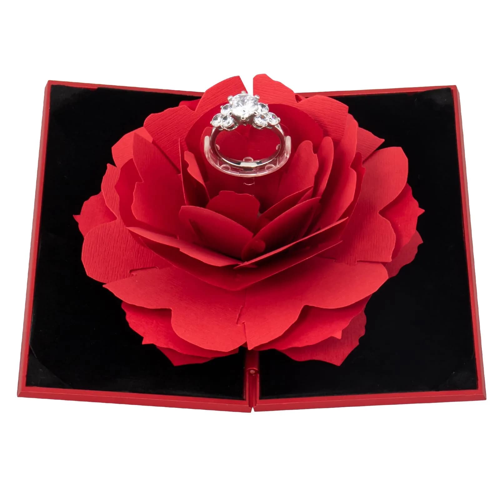 wonuu Pop Up Rose Engagement Ring Box | Surprise Jewelry Storage Holder for Women (Red, 12cm x 6.8cm x 2cm)