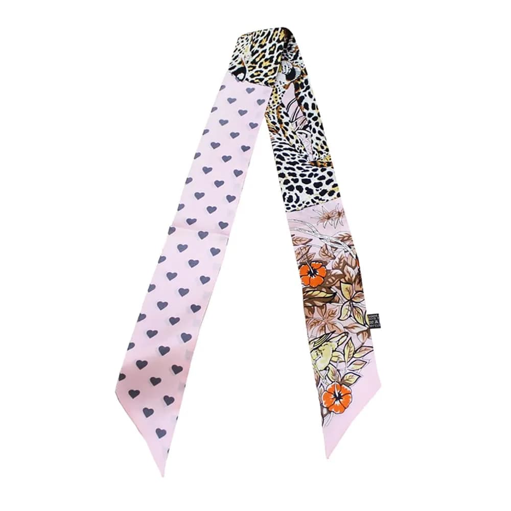 JERLA 100% Mulberry Silk Scarf 88cm x 5cm | Heart Leopard Print Pink - main product image