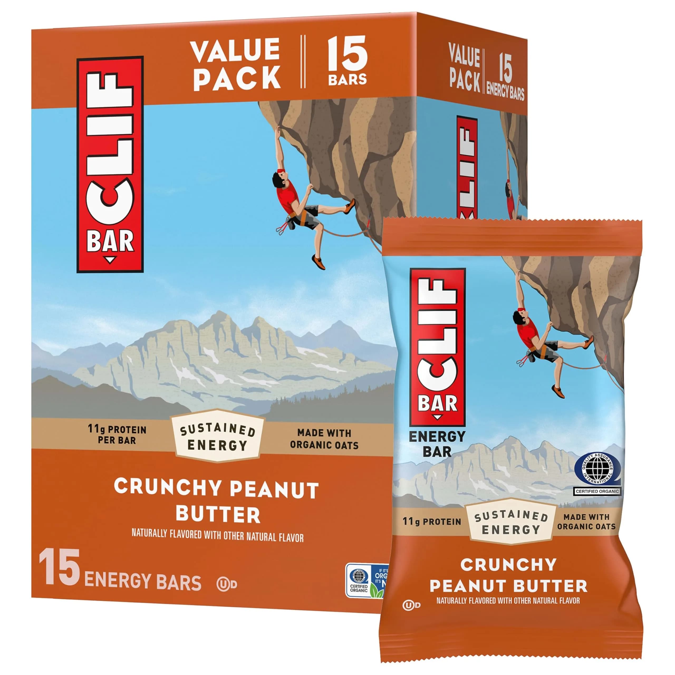 CLIF BAR Protein Energy Bars Crunchy Peanut Butter 15ct (68g per bar) | 11g Protein, Plant-Based, Non-GMO - main product image